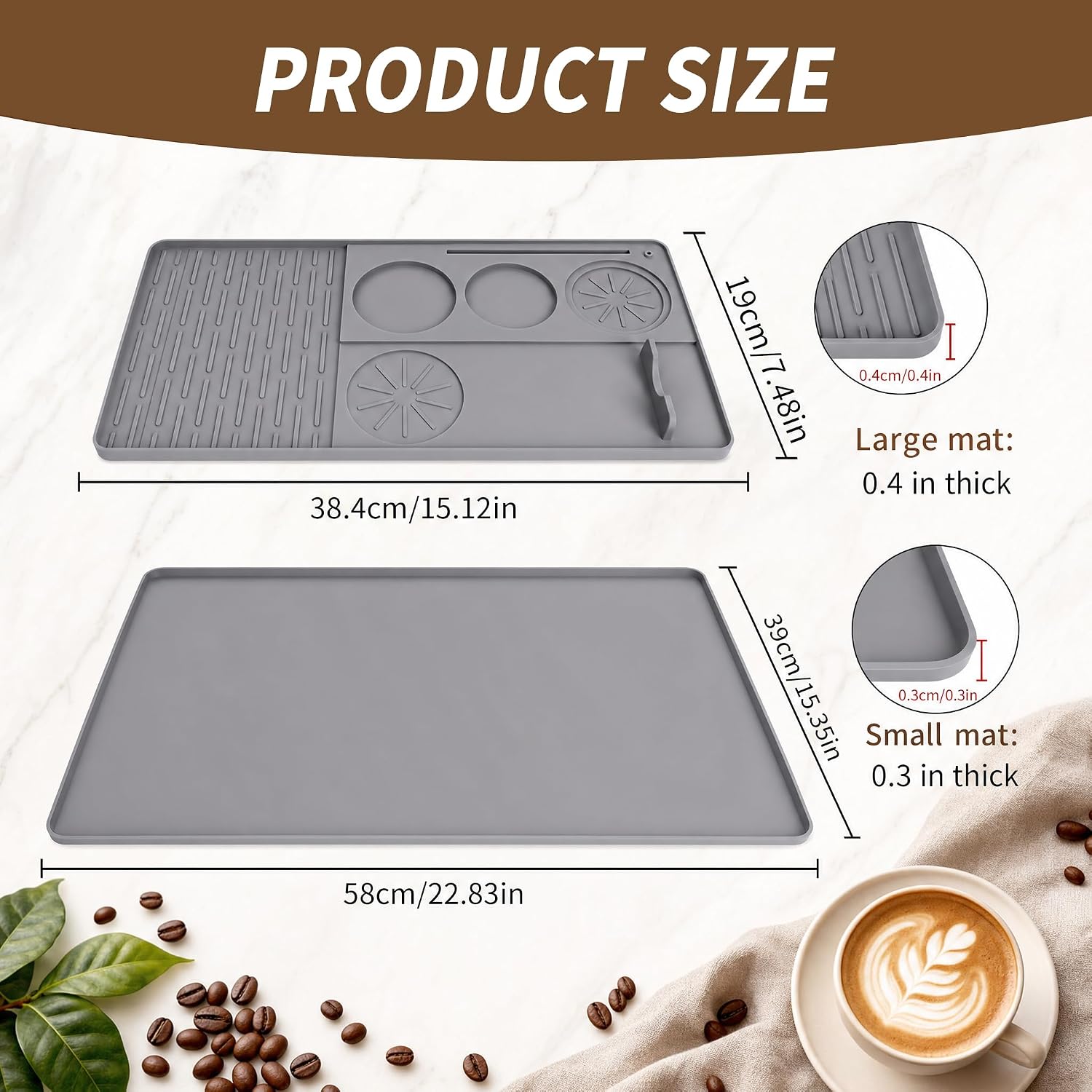 Silicone Coffee Mat 24"x16", Bar Mat with Detachable Dish Drying Tray and Tamper Holder, Waterproof Non Slip Bar Mat for Coffee Maker, Espresso Machine, Kitchen Countertop
