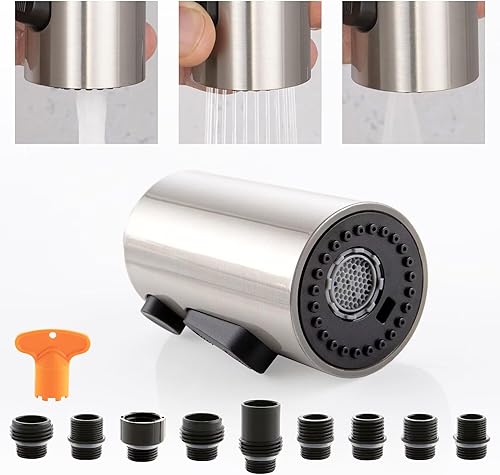 DOLGABA Cabezal de rociador de repuesto para grifo de cocina, 3 modos, cabezal rociador extraíble con 9 adaptadores, níquel cepillado