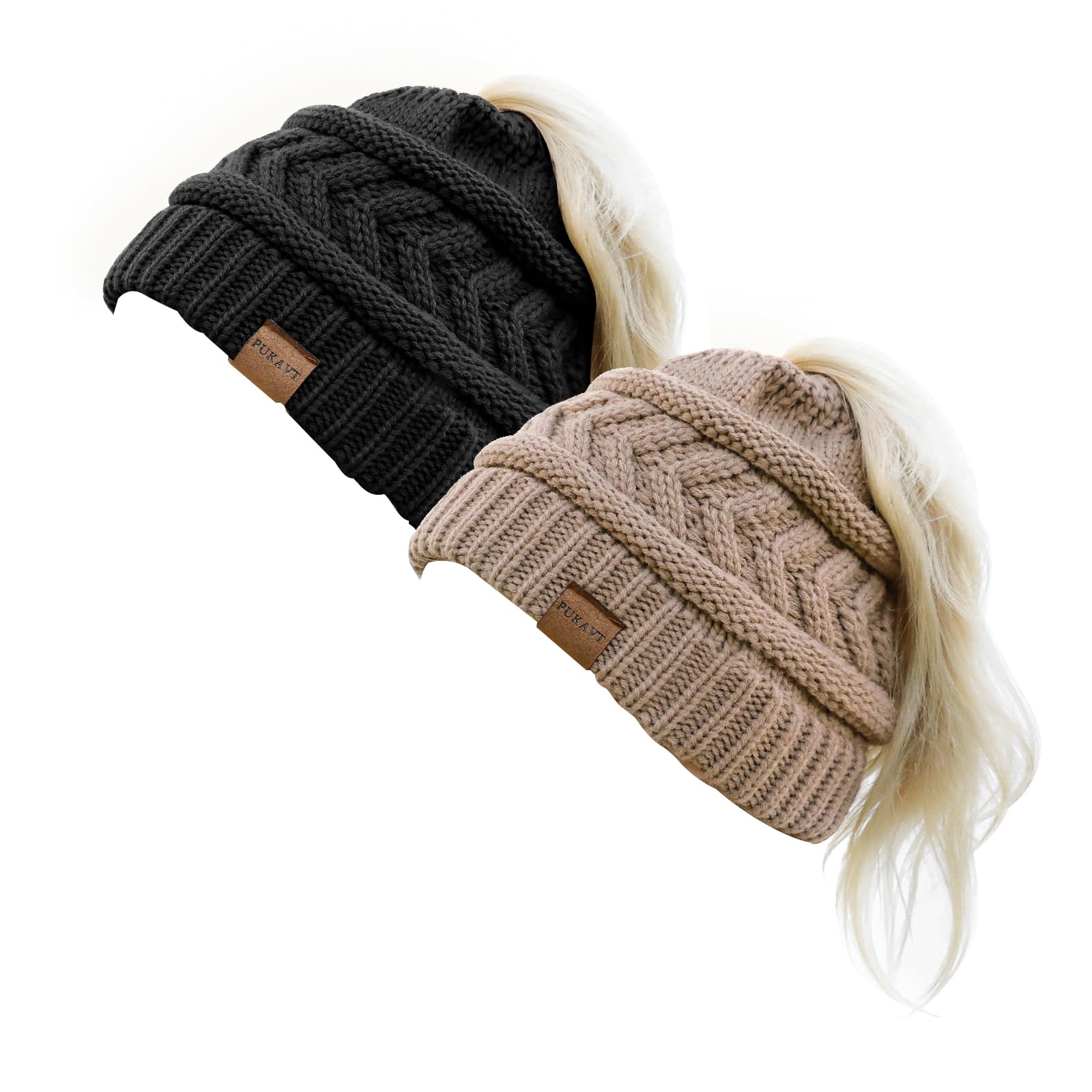 Pukavt 1&2 Pack Winter Hat Ponytail Beanie Hat for Women, Soft Stretch Cable Knit Messy Bun Beeanie,Trendy Gifts for Women