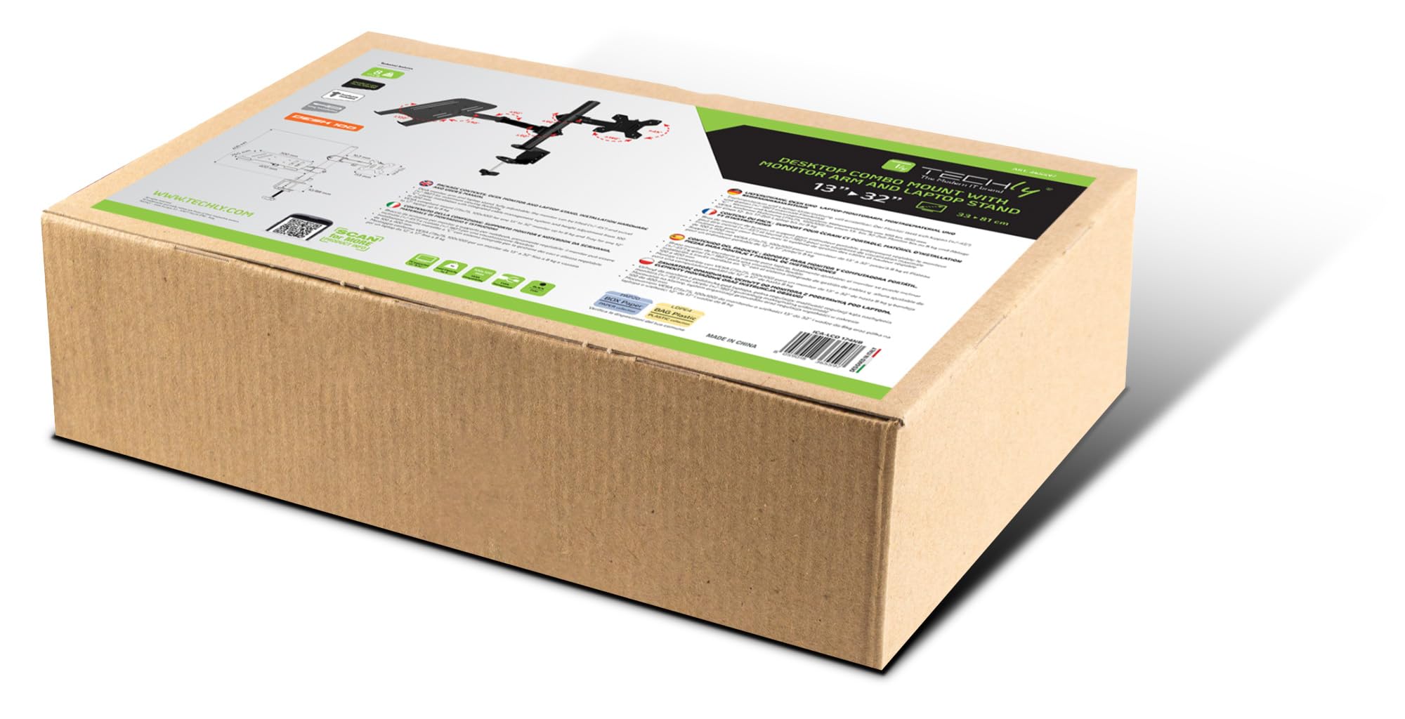 Techly 365597 Supporto da Scrivania Braccio per Monitor 13-32" e Mensola per Laptop Nero