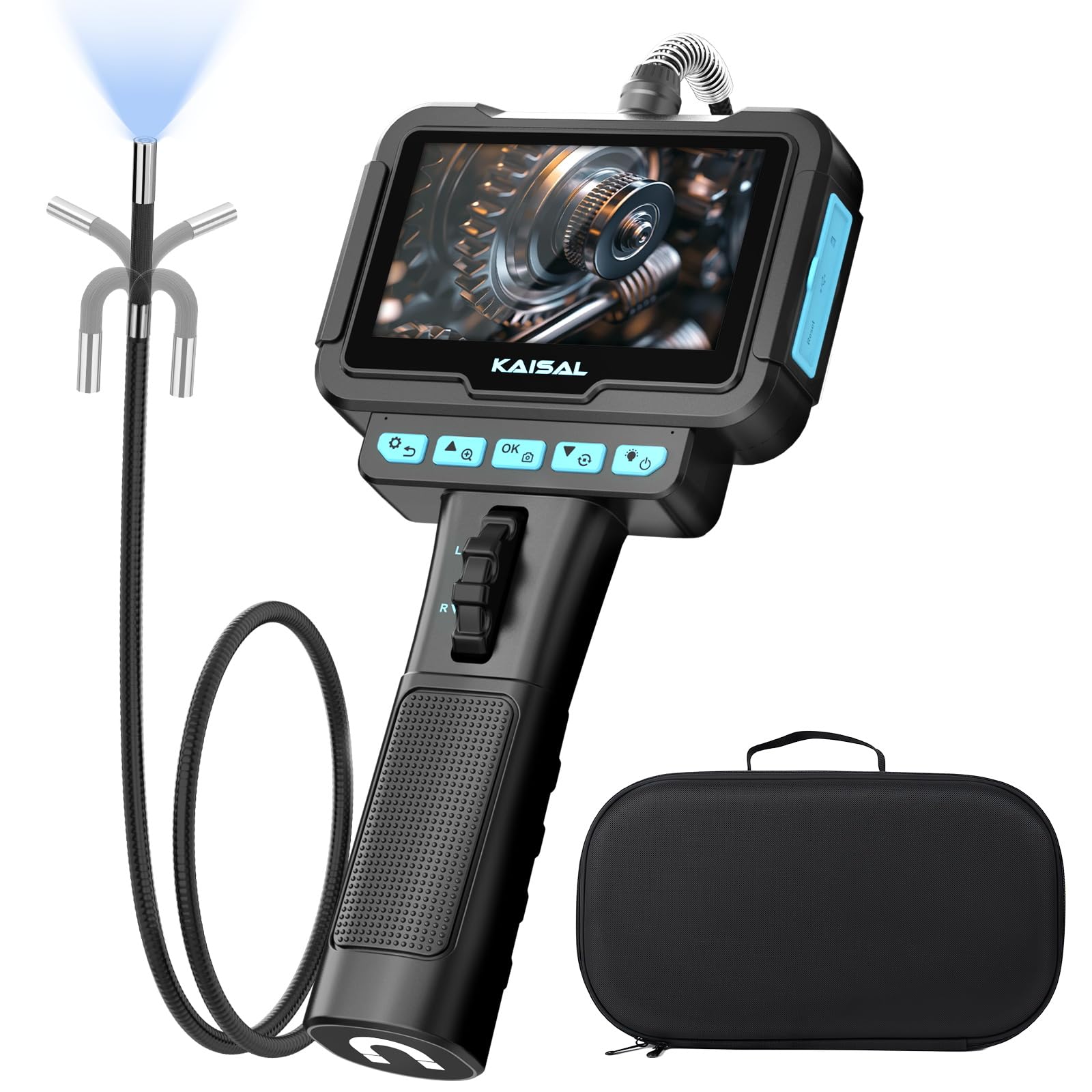 KAISAL Endoscopio Camara de Inspeccion, 6.25mm Cámara Endoscópica con Cabezal Giratorio de 210°, 4,3" 1080 HD Endoscopio, Cámara Endoscópica Tuberías IP67 Impermeable con Luz & Base Magnética
