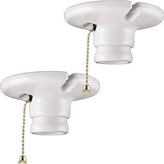 UltraPro Porcelain Lampholder with Pull Chain, 2 Pack, Medium Base, Indoor Lighting, Mount on 3-1/4” or 4” Box, 250VAC/660W, UL Listed, White, 54599