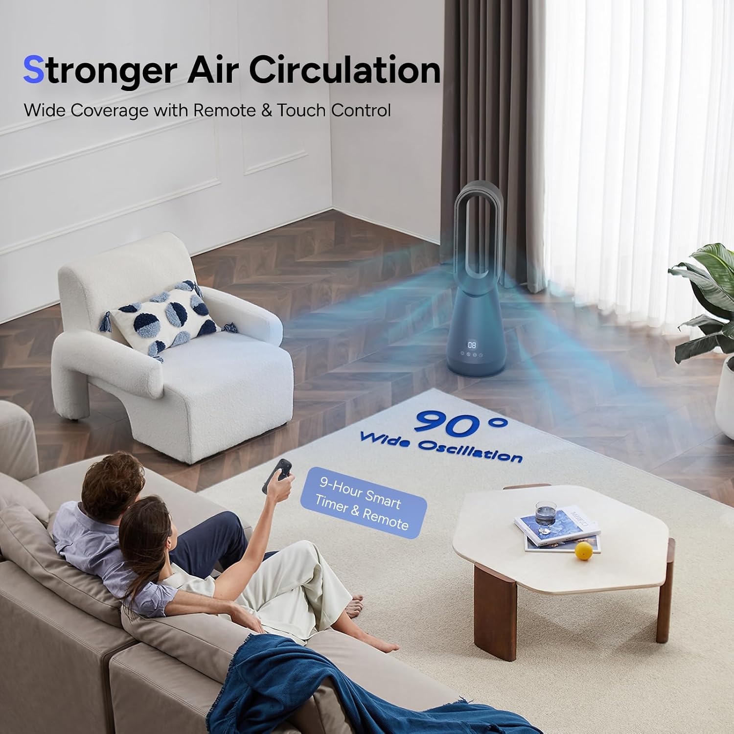 2-in-1 Bladeless Tower Fan with Air Purifier, 22" Cooling Fan, 90° Oscillating 8-Speed Floor Fan, Quiet Portable Air Circulator with Remote & 9-Hour Timer for Indoor Bedroom Office, Black image 4