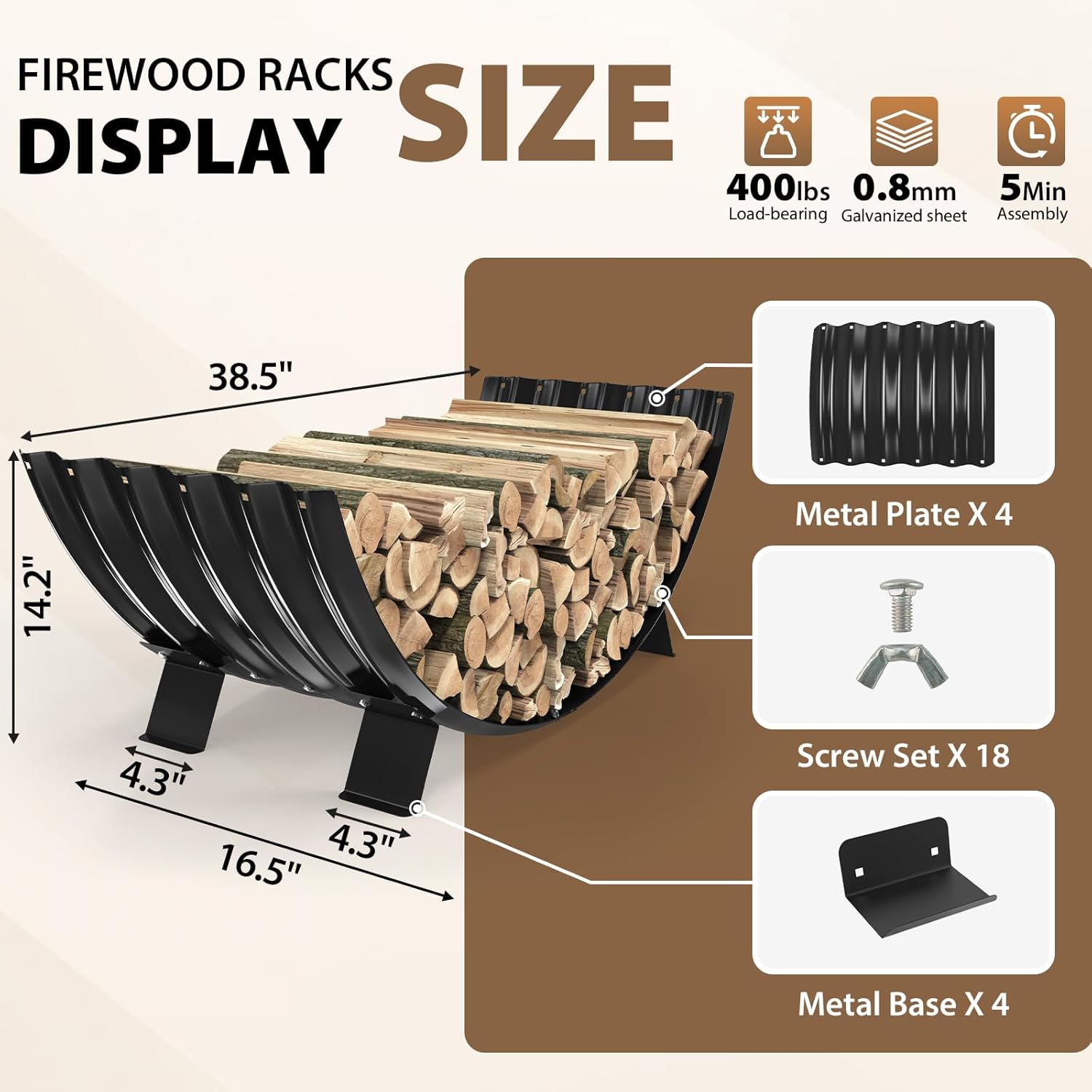 40 inch Diameter Sector Firewood Rack Storage -0.8MM Thick Galvanized Steel with Wave Pattern & 4 Stable Feet, Black Coated for Indoor/Outdoor Wood Storage (3.3FT Diameter)