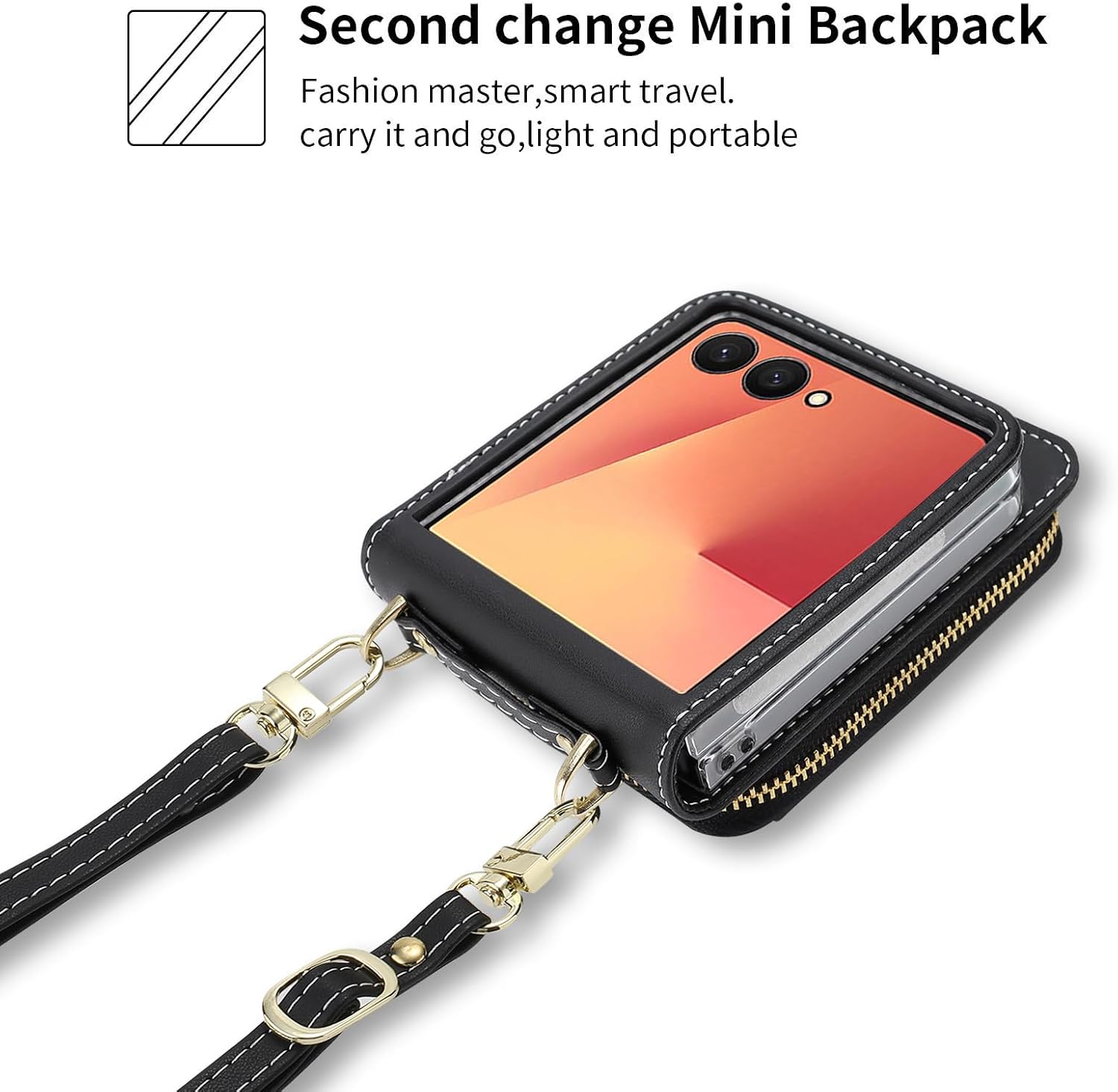 Crossbody Case for Samsung Galaxy Z Flip 7, Wallet Phone Case with Card Slot Holder Kickstand Adjustable Lanyard for Women Girls, PU Leather Zipper Purse Cover Black
