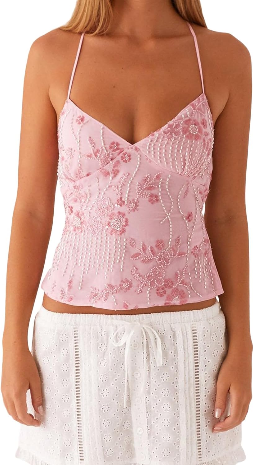 Womens Sequin Straps Camisole Top Y2k Backless Flower Beaded Going Out Top Clubwear