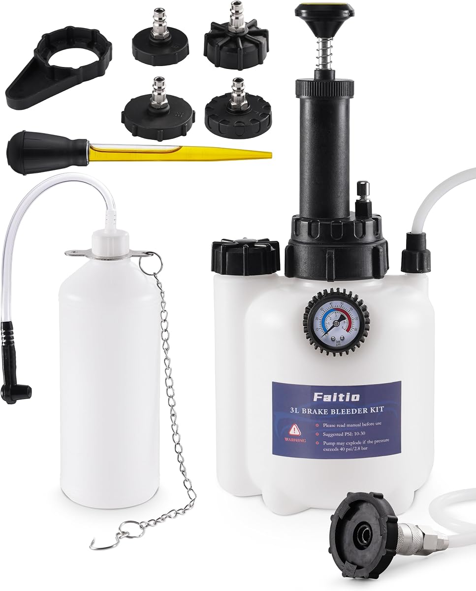 3L Brake Fluid Bleeder Kit w/ 1L Catch Bottle, Pressure Brake Bleeding Tool | Manual Power Bleeder Pump for Flush Brakes and Clutch System, Upgraded Adapters (43.5/45/49.5/50.7mm)