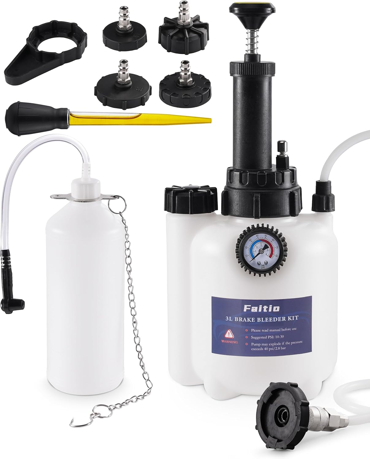3L Brake Fluid Bleeder Kit w/ 1L Catch Bottle, Pressure Brake Bleeding Tool, Manual Power Bleeder Pump for Flush Brakes and Clutch System, Upgraded Adapters (43.5/45/49.5/50.7mm) for Master Cylinders