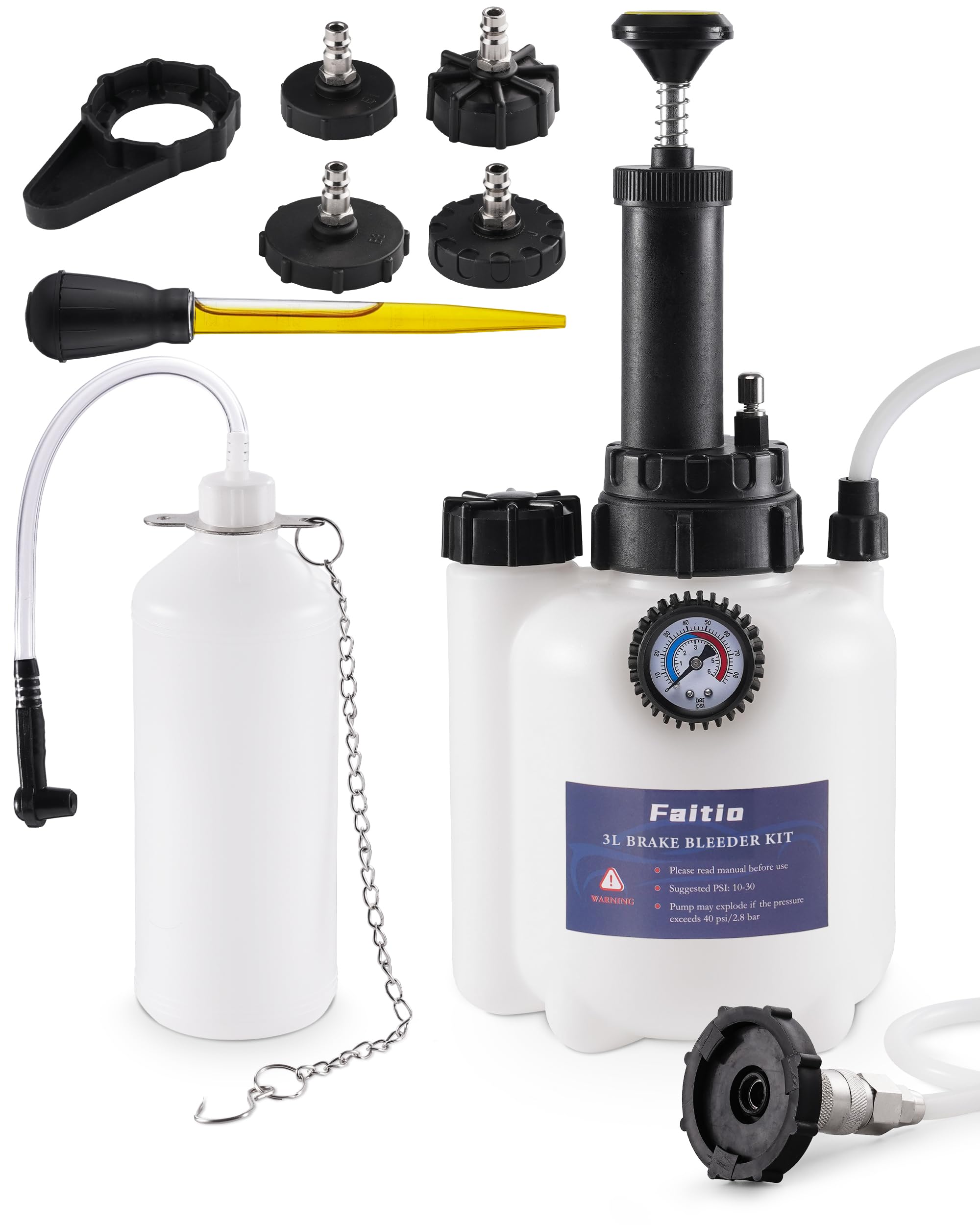 Photo 1 of FAITIO 3L Brake Fluid Bleeder Kit w/ 1L Catch Bottle, Pressure Brake Bleeding Tool, Manual Power Bleeder Pump for Flush Brakes and Clutch System, Upgraded Adapters (43.5/45/49.5/50.7mm), White