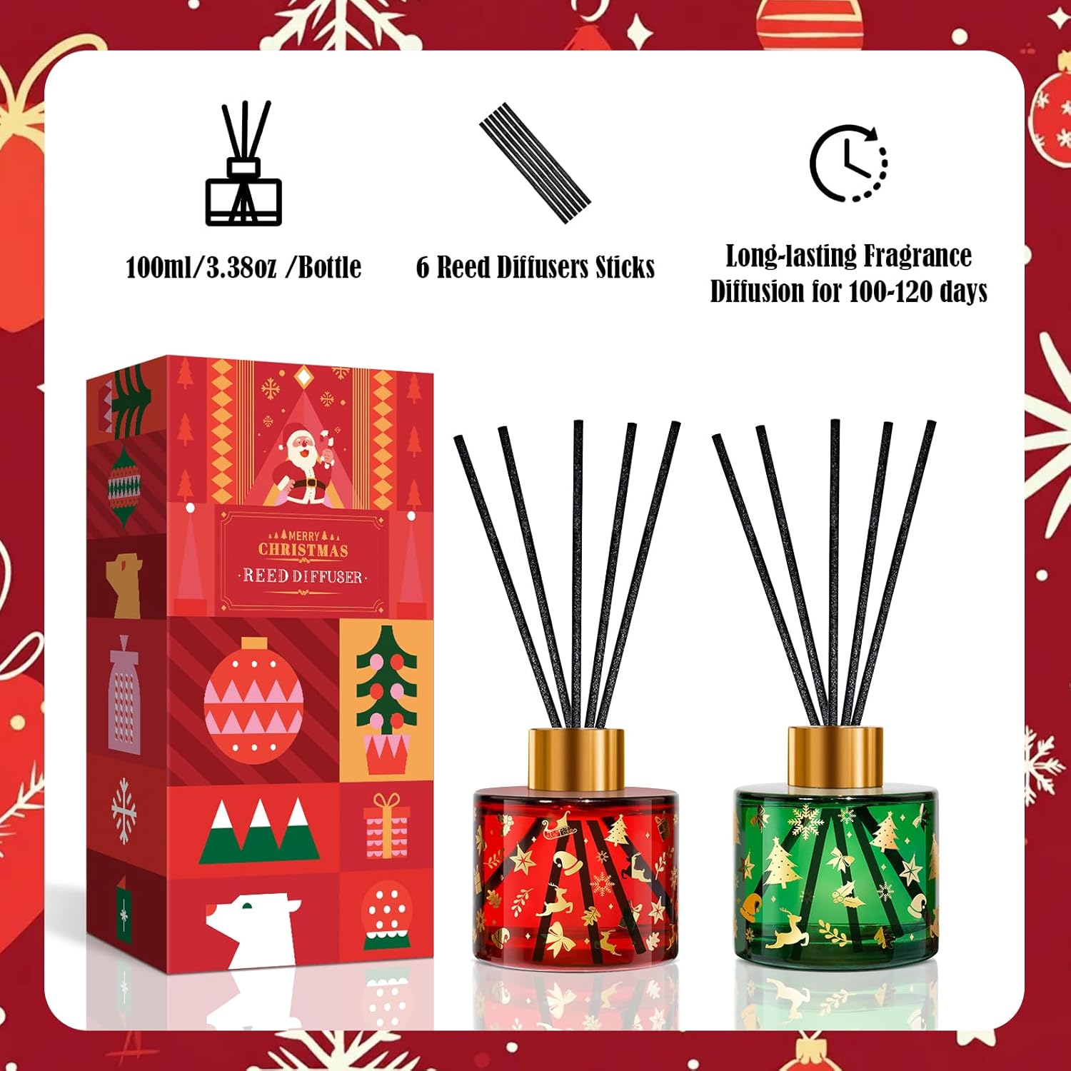 SCENTORINI Christmas Reed Diffuser Set 2 Pack(6.76oz)- Reed Diffuser Oil with 6 Reed Sticks, Scented Diffuser for Bathroom Hotel Office Room Home Fragrance Christmas Decor - Image 3