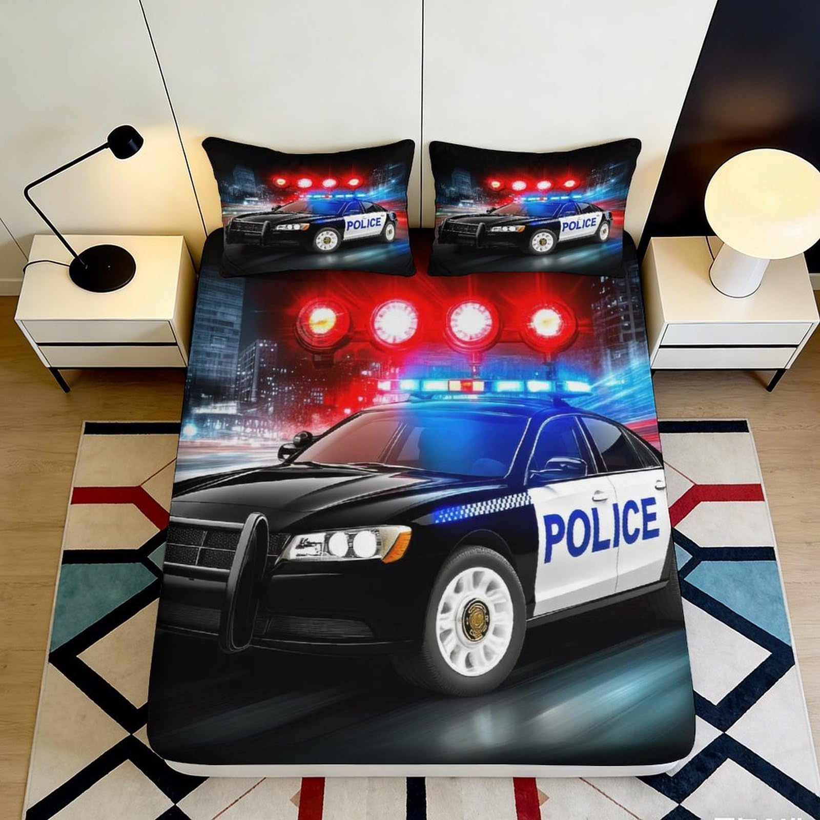 3D Printed Police Car Fitted Sheet Microfiber Anti-Slip Bedroom Decor City Lights Bed Cover for Home Dorm 90x200x25cm