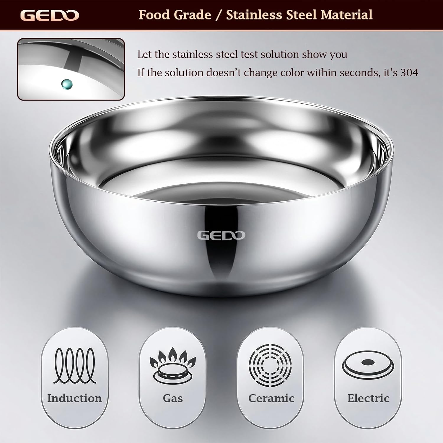 GEDO Triple-Layer 304 Stainless Steel Mixing Bowl, All Stovetop Compatible Deep Large Capacity Bowl with Non-Stick Mirror Polished Interior for Kneading Dough, Baking, Cooking (11.8in / 30cm)