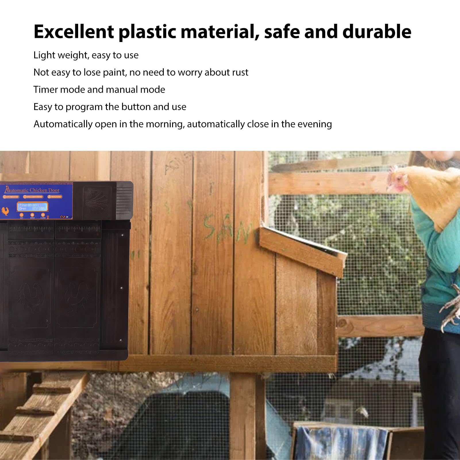 Apriporta automatico per polli, Display a LED Porta automatica per polli con timer, Apriporta automatico per pollaio completamente in plastica Porta migliorata con resistenza all'acqua(Marrone scuro