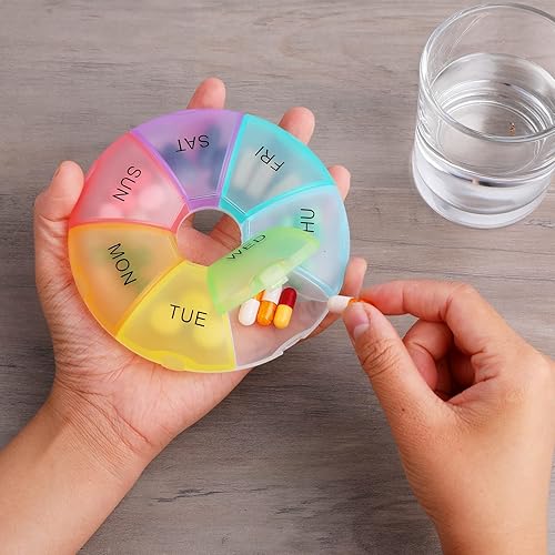 Miniatura 5 de Sibba 1 pastillero organizador semanal de 7 días, botella semanal, lindo estuche de viaje redondo, recipiente pequeño, dispensador almacenado de