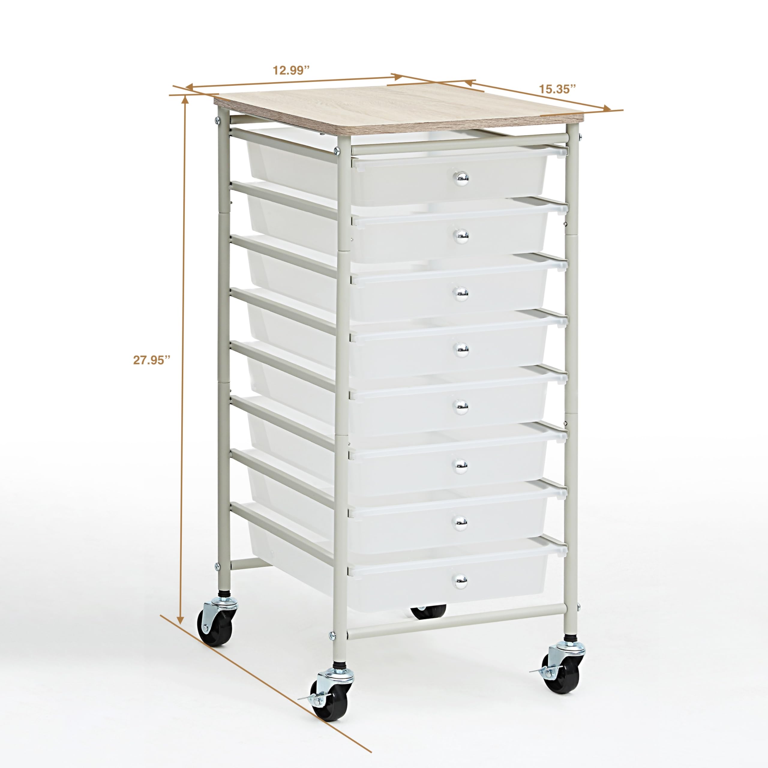 SunnyPoint Drewniany blat kompaktowy organizer na kółkach z 8 szufladami, mobilny wózek użytkowy, wózek do przechowywania pod biurkiem z kółkami (kompaktowy, 8 szuflad, biały)