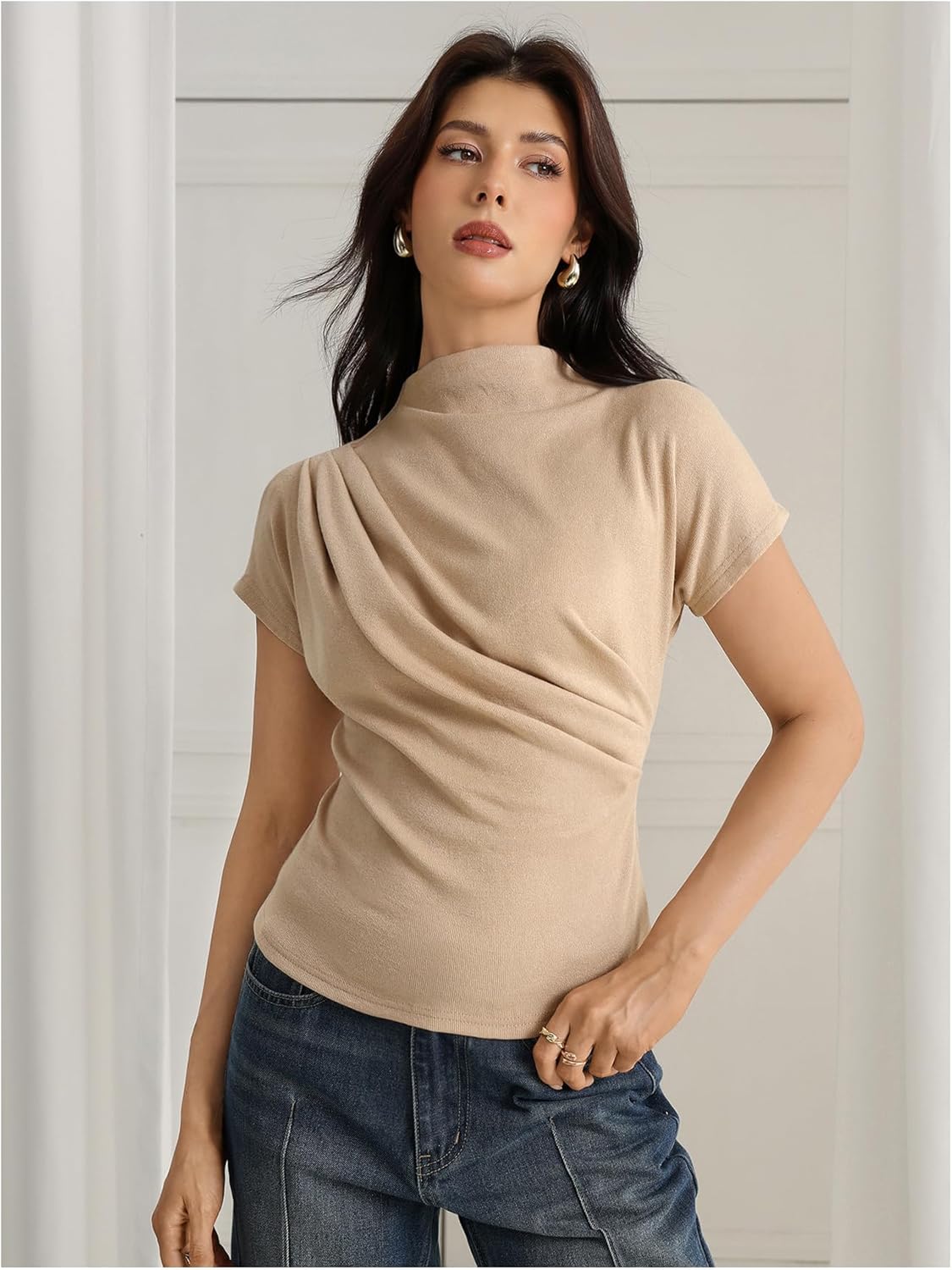 SweatyRocks Women's Casual Short Sleeve Mock Neck Tee Top Asymmetric Ruched Plain T Shirt - Image 5