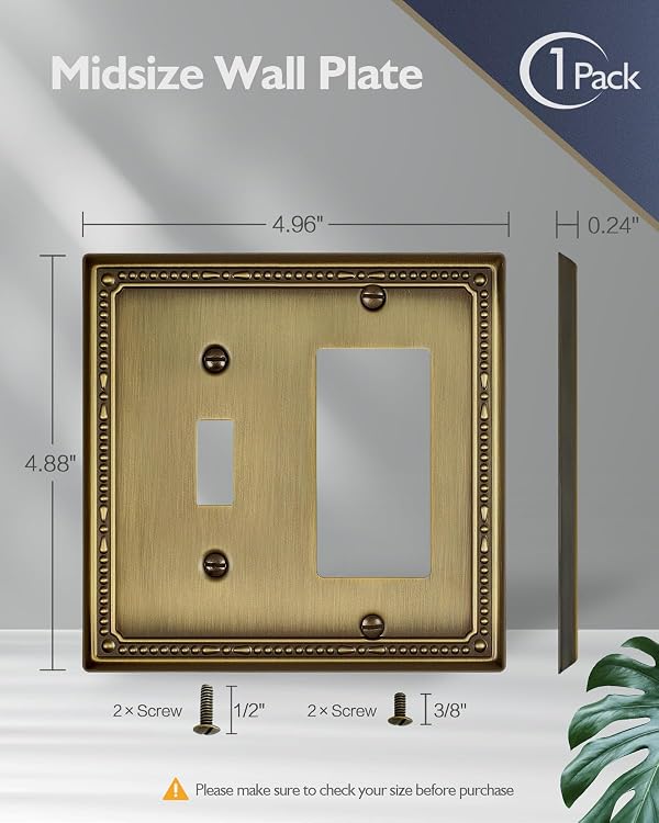 ZILLSEA Combination Metal Light Switch Covers Wall Plate, 1 Toggle/1 Decorator Switch Plate Outlet Covers, Decorative Antique Brass, 1 Pack, 2-Gang, 4.96''*4.88, Midsize by ZILLSEA - Image 5
