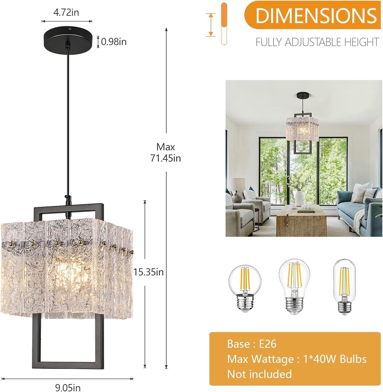 Pendant Lights Kitchen Island, Modern Water Ripple Glass Pendant Light Fixtures, 1-Light Square Chandelier Kitchen Pendant Lights Over Island (Black 9.05 inch)