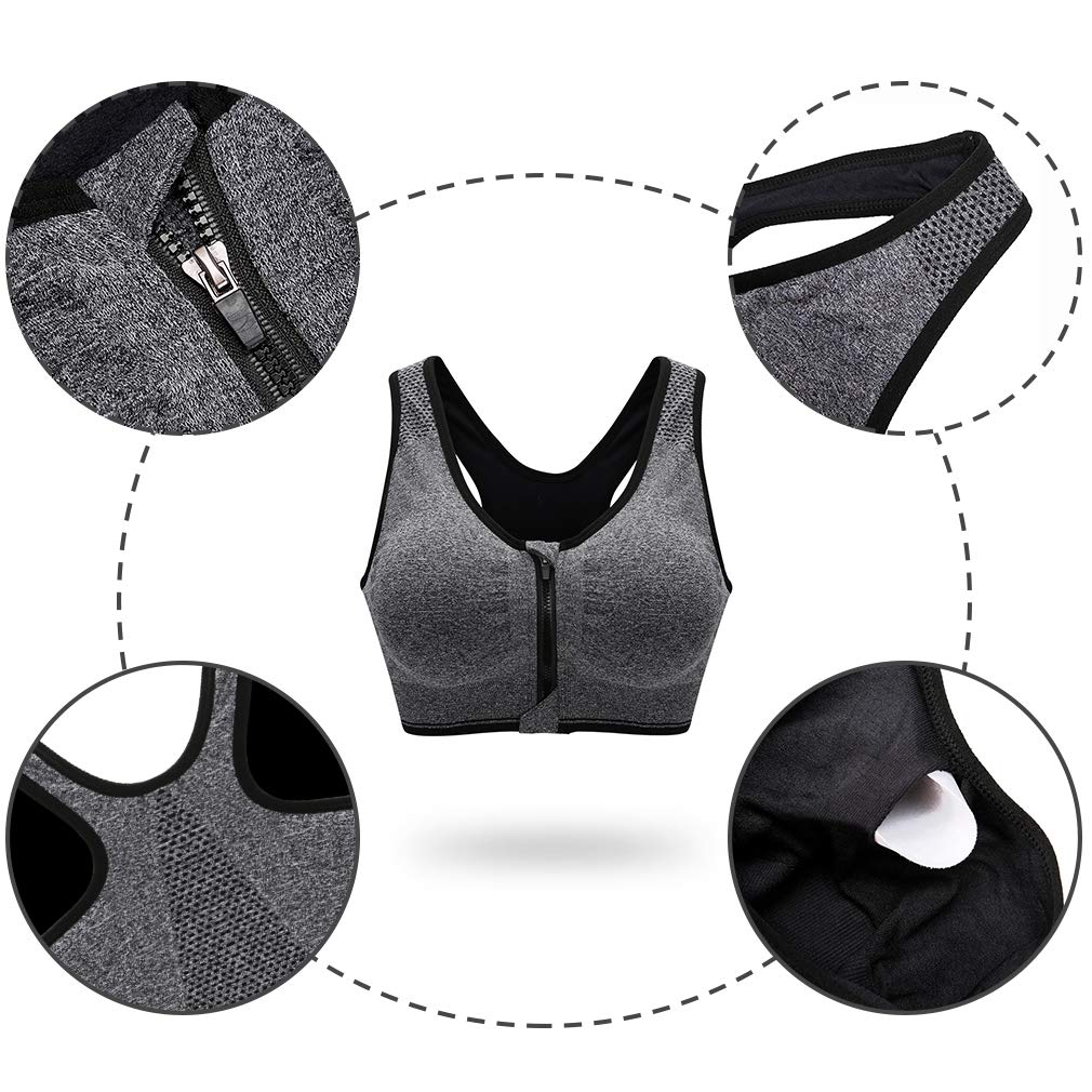 CARETOO Sujetador Deportivo para Mujer Cierre Delantero Sujetador Deportivo Post Operatorio para Yoga Fitness - con Cremallera Negro + Gris + Rojo, XL
