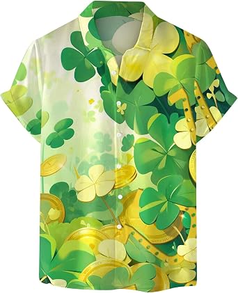 Cocila St. Patrick's Day Men's Hawaiian Shirts Regular-Fit Short-Sleeve Print Shirt Summer Fashion 3D Printed Tops Round Neck T Pa's Couple