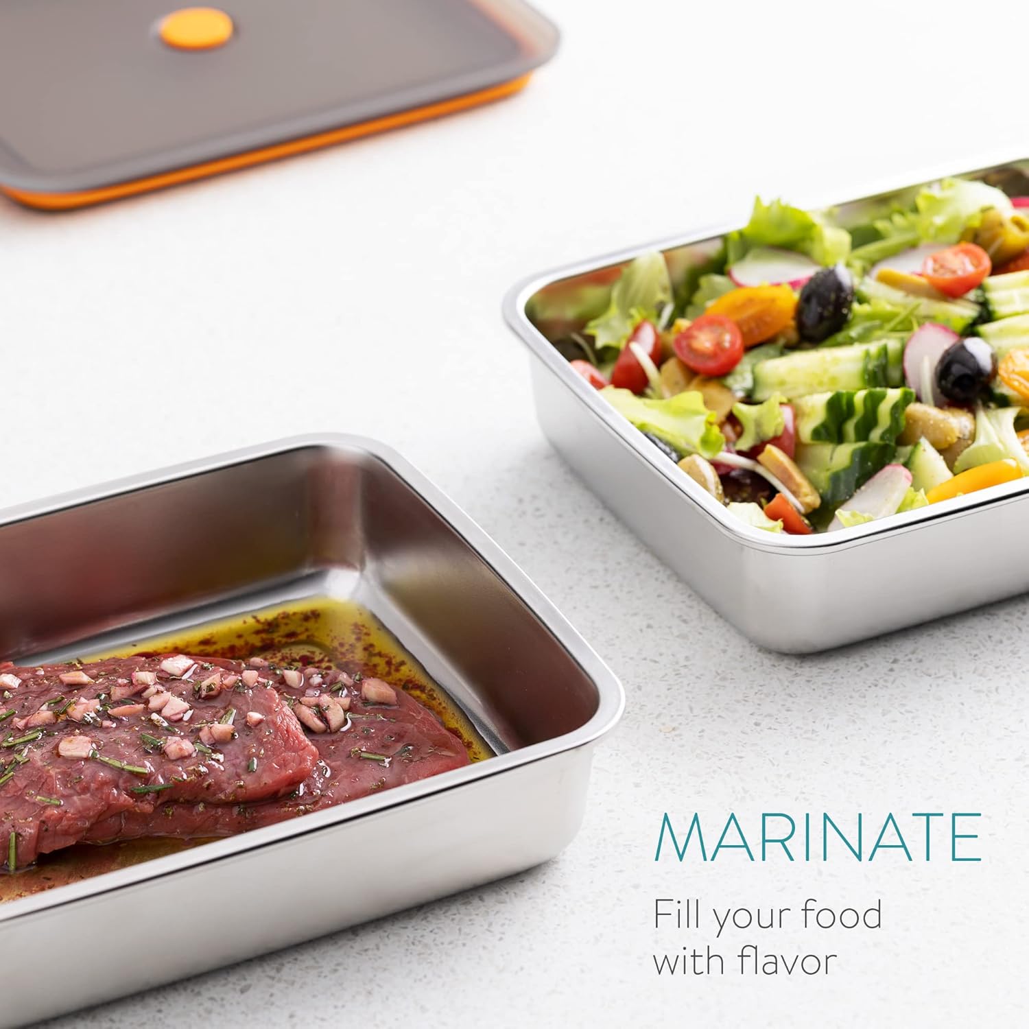Navaris Stainless Steel Marinating Containers (Set of 2) - Metal Meat Marinade Container with Lid - Dishwasher Safe Food Storage 9.3" x 7.5" x 2.2" - Image 2