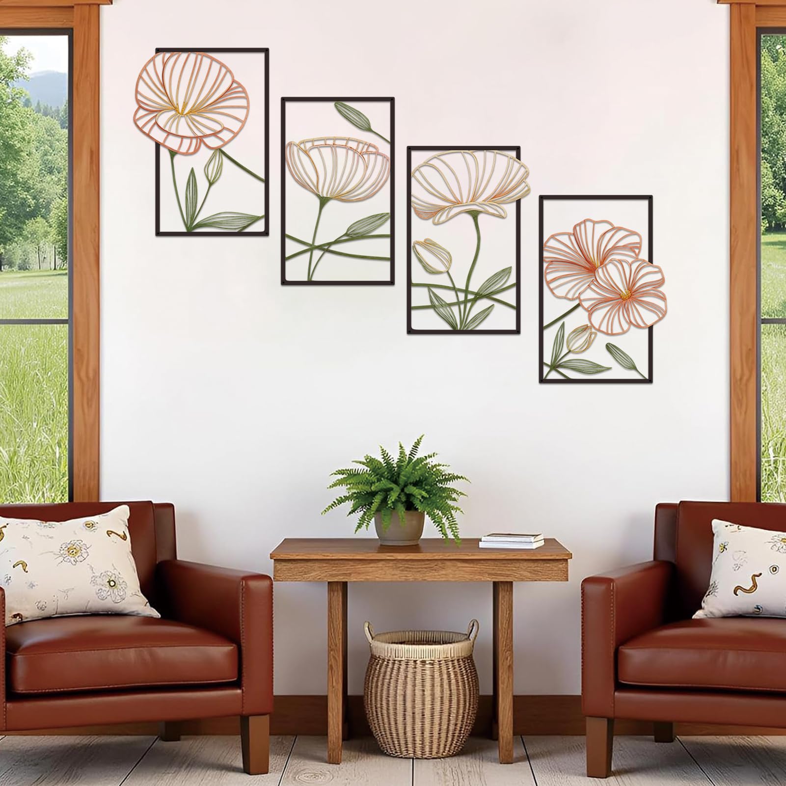 ESTART Dekor 4 Stück Metall Lotusblume Wanddekoration, Abstrakte Blumen Ästhetische Spleißlinie Kunst, Minimalistische Hängende Wandskulptur für Wohnzimmer Schlafzimmer Büro und Yogazimmer (Bunt)
