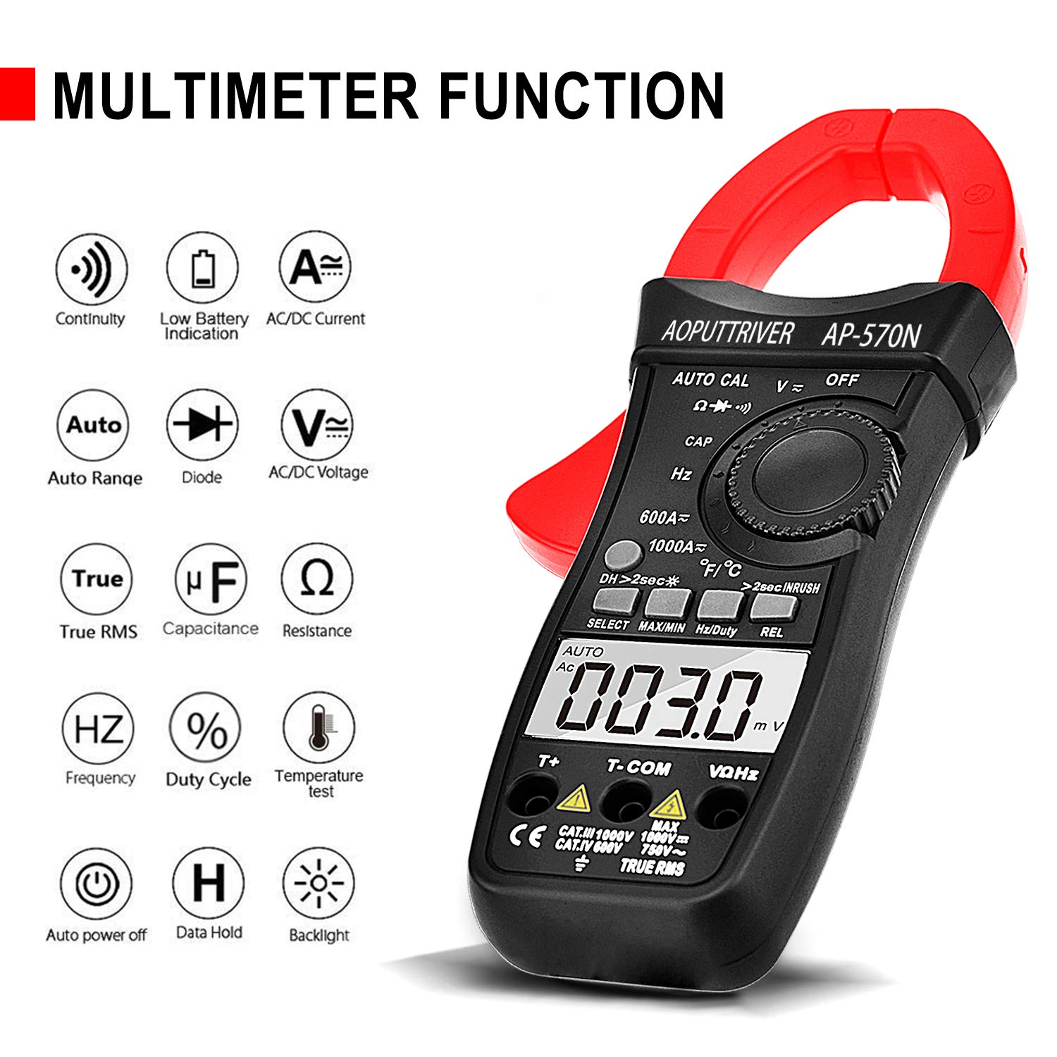 Clamp Meter AP-570N TRMS 6000 Counts Strommesszange AC DC-Strommesszange mit automatischer Reichweite, Widerstand, Kappe, Hz, Einschaltdauer, Temperatur, Einschaltstromtest