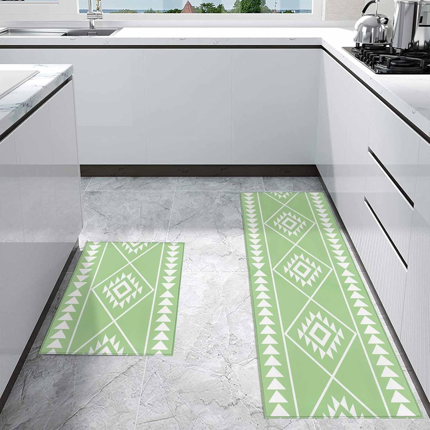 Teamery Kitchen Mats for Floor Modern Green White Geometric Art Washable Non Slip Kitchen Rugs 2PCS, Ethnic Tribal Triangle Absorbent Standing Mats for Sink Office Living Room 15.7x23.6in+15.7x47.2in