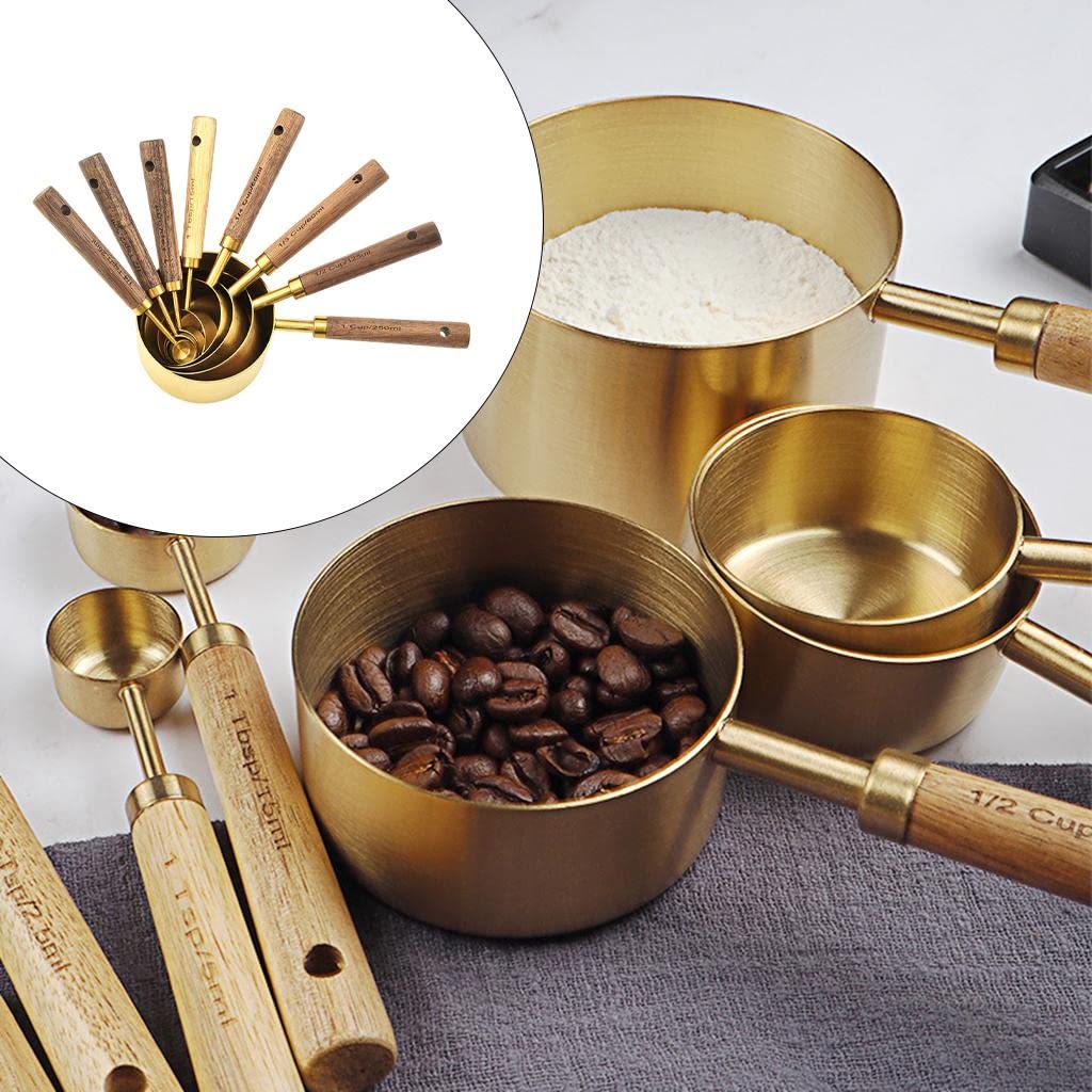 4 Stück Messbecher Edelstahl Messlöffel Set Küchenzubehör Doppel Skala Holzgriff Leicht zu Reinigen für Kochen Backen Alltäglicher Gebrauch, Messlöffelbecher
