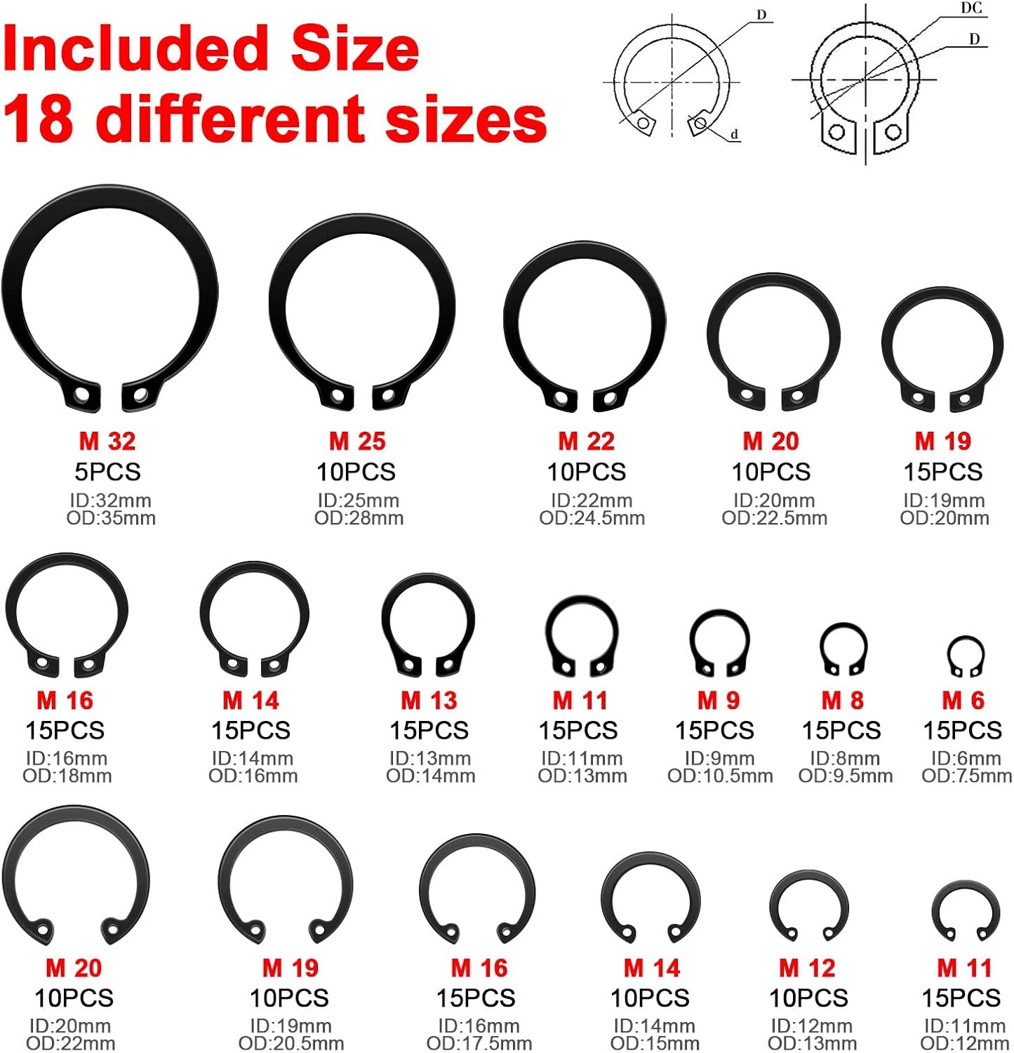 WISEUP Snap Ring Pliers Set With 225pcs Retaining Ring Set, 4PCS-7 inch Circlip Pliers Kit,Straight/Bent Jaw Pliers Tips C-Clip Pliers for Ring Remover with Storage Pouch