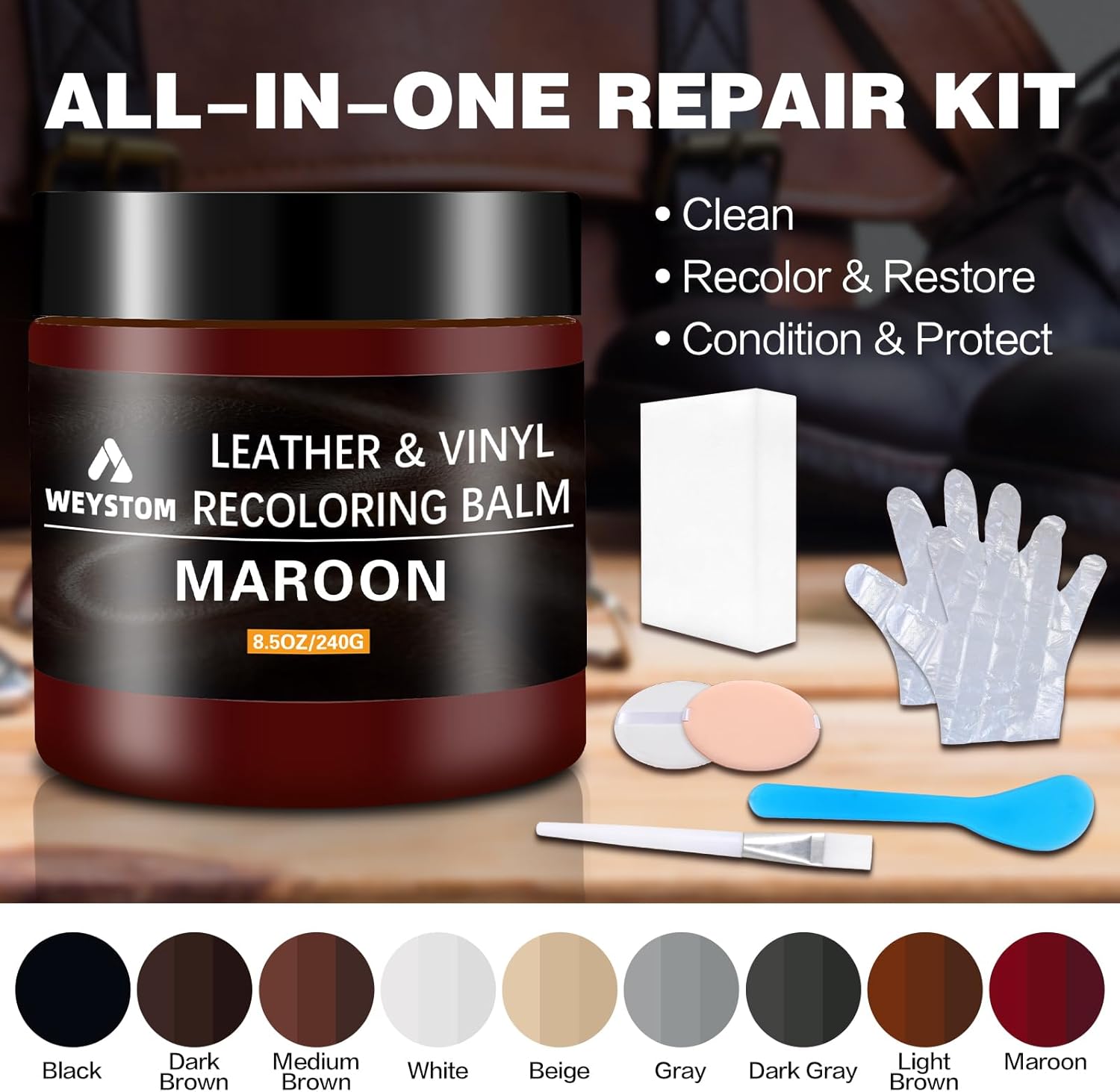 Leather Recoloring Balm - Maroon Leather Repair Kit for Furniture, Dye, Recolor, Renew, Repair & Restore Aged, Faded, Cracked, Peeling and Scuffed, Car Care - Image 5
