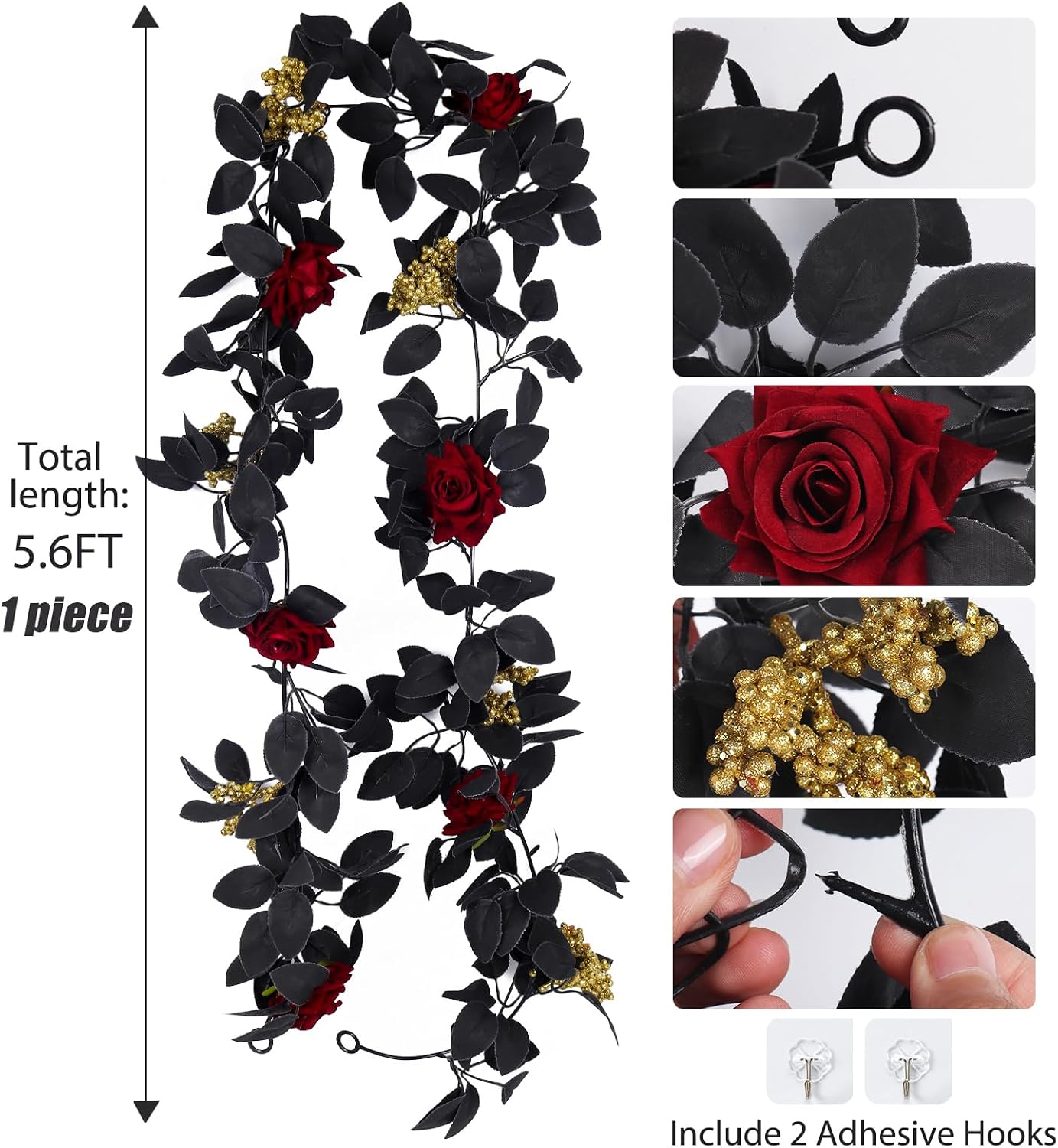RECUTMS Artificial Black Garland Hanging Vine Artificial Red Roses Garland