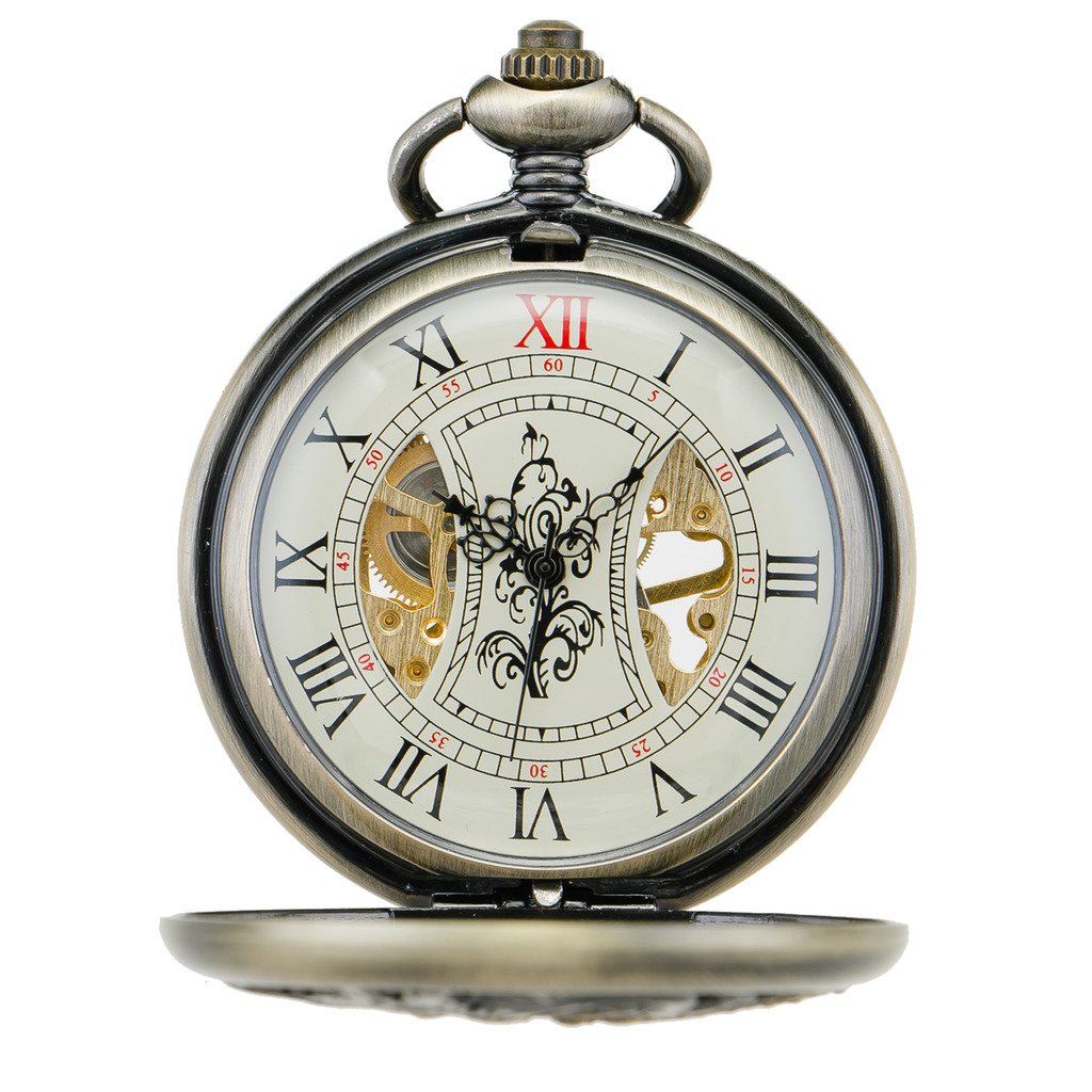 TREEWETO Hommes Femmes Mécanique Montre de Poche voeux Cadran Squelette avec chaîne pour Les Homme Papa