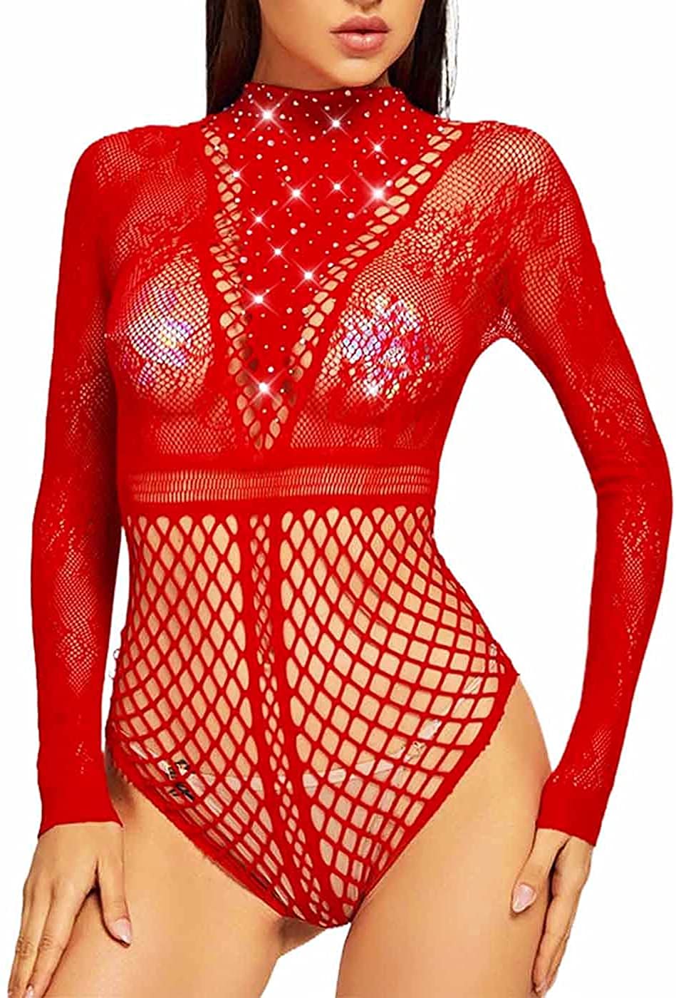 Bommi Fairy Women Bodysuit Fishnet Lingerie Sparkly Rhinestone Sexy Long Sleeve Mesh Bodycon Lingerie (Red)