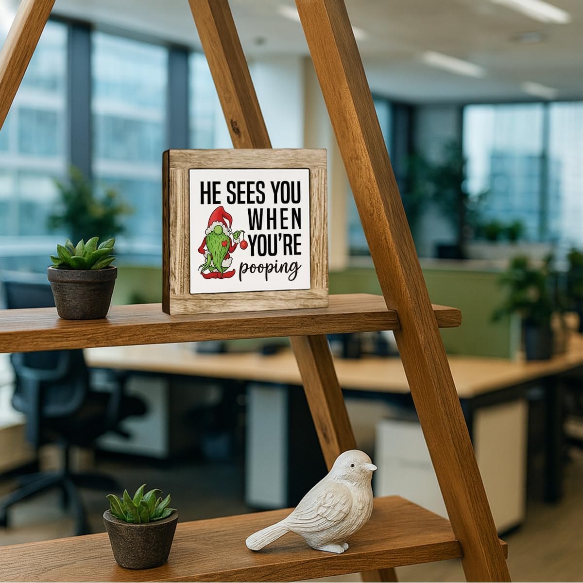 Funny Christmas Bathroom Decor, He Sees You When You're Pooping Sign, Cartoon Character Santa Claus Pattern Wood Sign, Humor Christmas Decor for Toilet Restroom Bathroom 5.9x5.9 Inches image 3