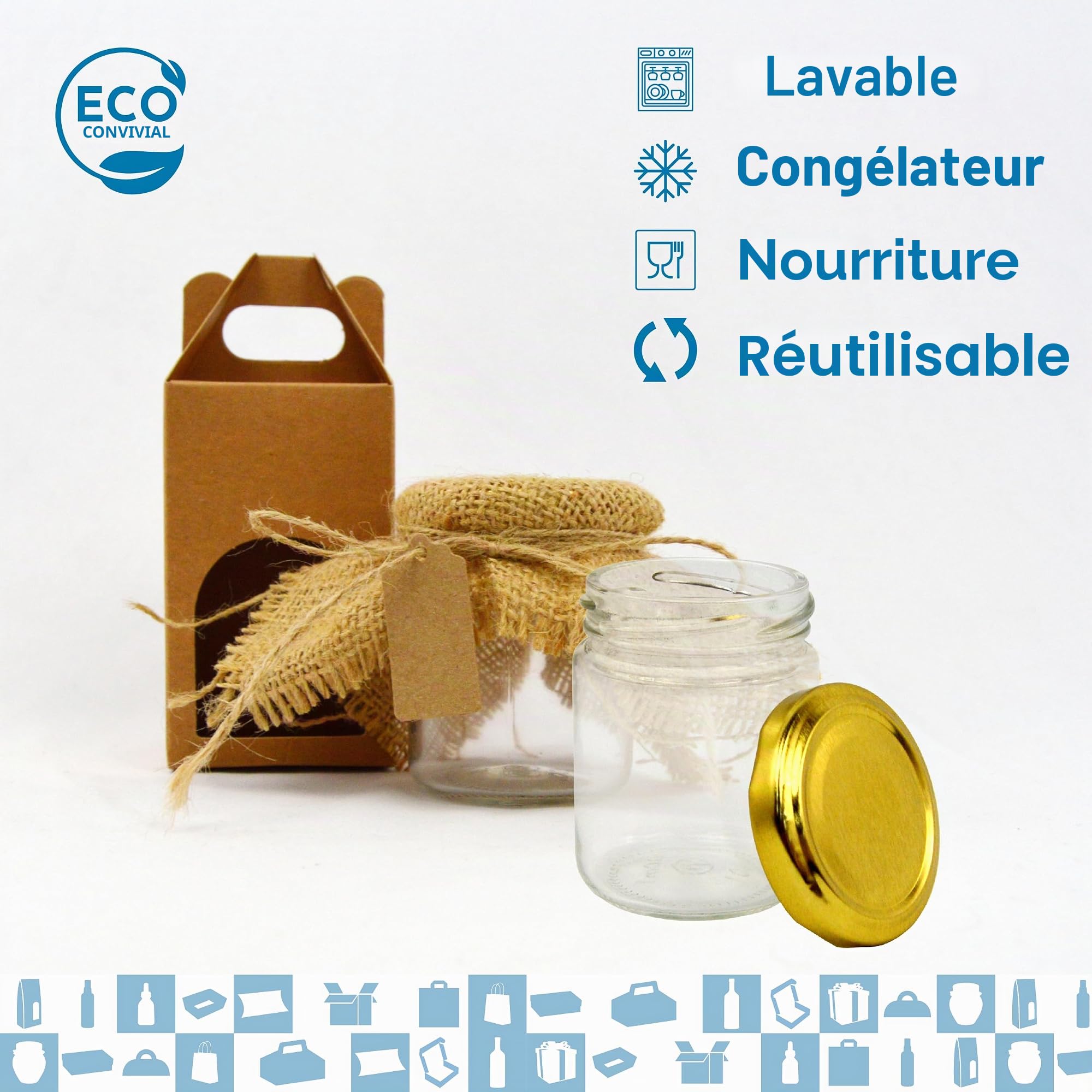 Espirito Rebelde Pack de 20 pots en verre vides de 100 ml avec couvercle, 20 boîtes, tissu, ficelle de jute et 20 étiquettes kraft inclus - Pour confitures, conserves, miel