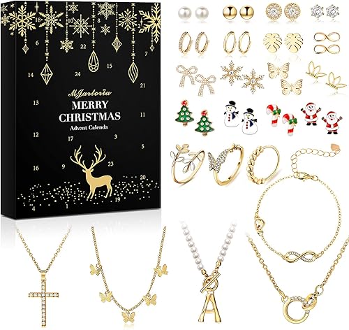 MJartoria Calendario de Adviento para mujer, joyería de oro de moda, cuenta regresiva de 24 días, calendario de Adviento de Navidad, collares