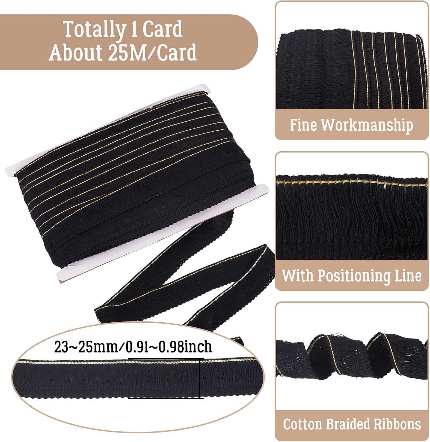 Craftdady 27 Yards 25mm Polyester Fringe Trim 1 Inch Fabric Lace Trim Tassel Black for Sewing Craft Dress Clothing Decoration