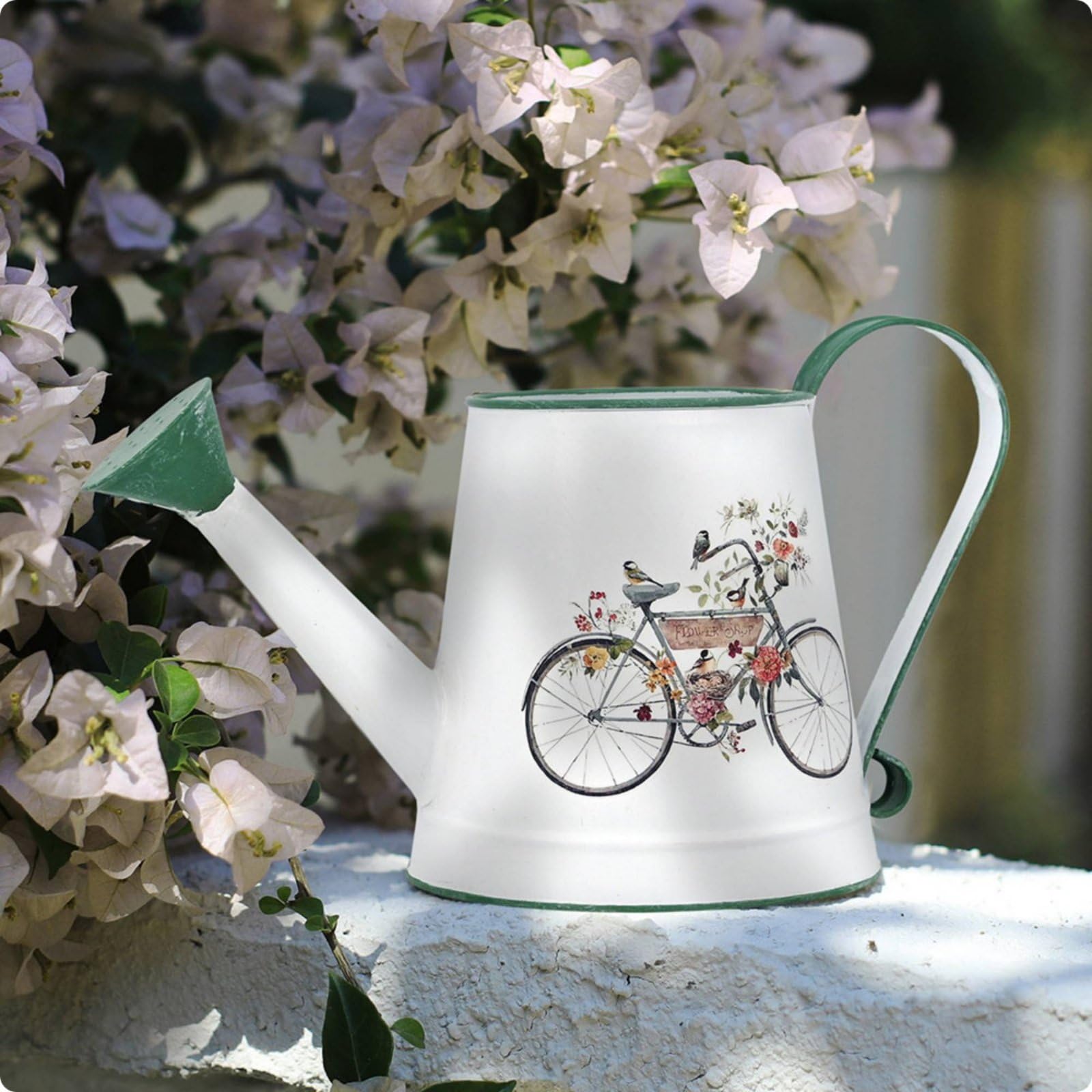 Arrosoir Métal Arrosoir Jardin Arrosoir Intérieur Arrosoir Balcon Verseuse Précision Arrosage Délicat Métal Capacité, Blanc, Vélo Fleuri avec Bordure Et Poignée Verte