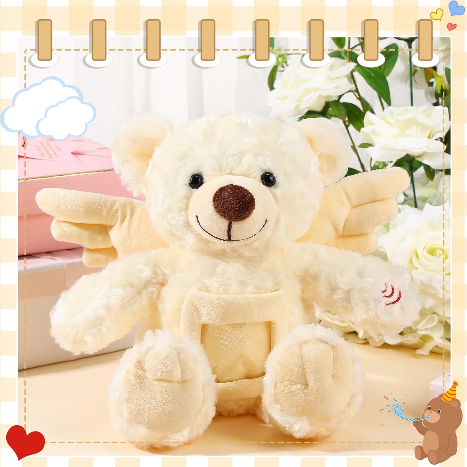 Leyndo 12 Inch Angel Remembrance Bear Plush Stuffed Animal with Recorder Soft Plush Animal Toy with a Picture Frame for Baby Shower Birthday Party Wedding Gift(Cream) - Image 2