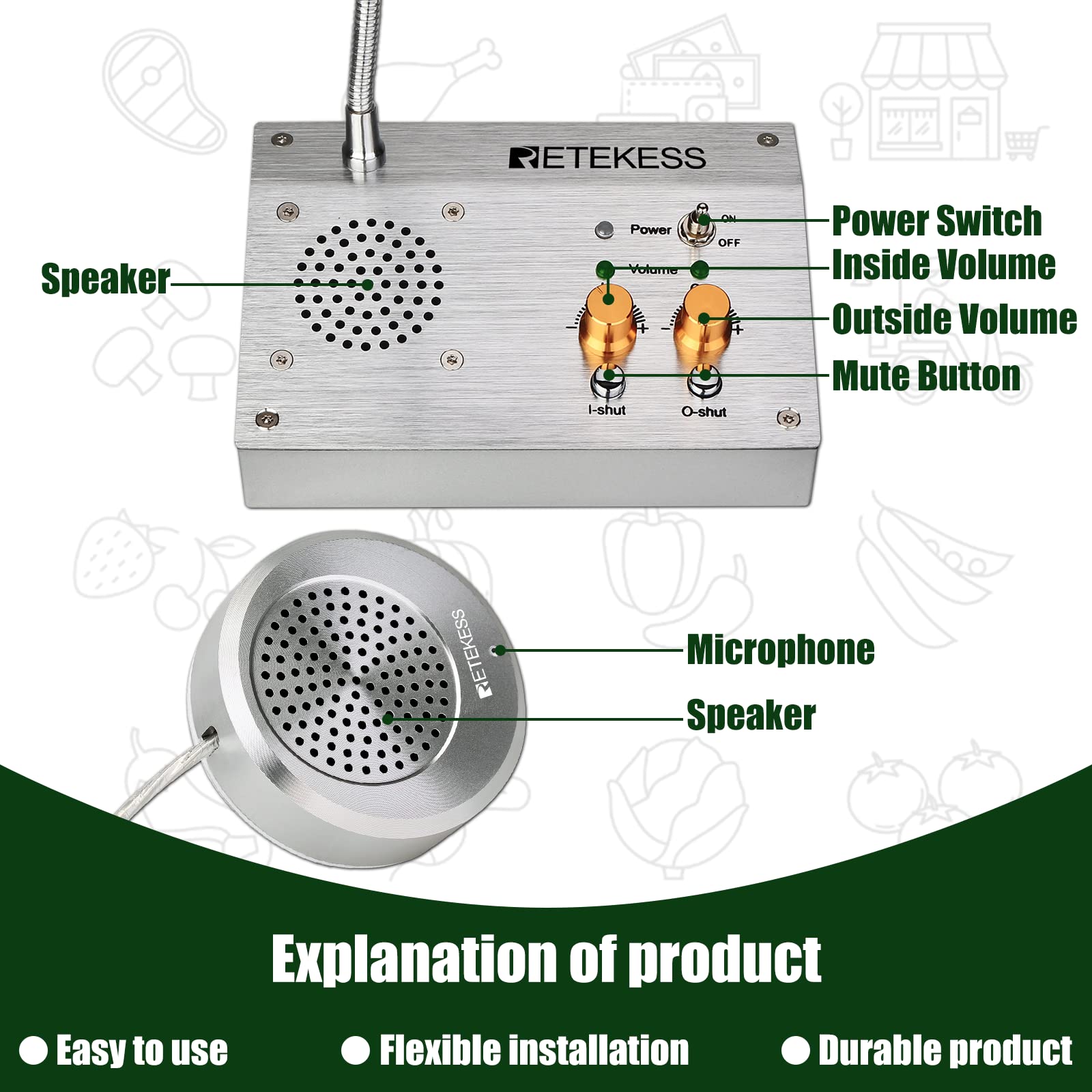 Retekess TW103 Sistema Altavoz de Ventana Sistema Banco de Intercomunicador 2W Micrófono de Ventana de Doble Vía para Banco Oficina Tienda (Plata)