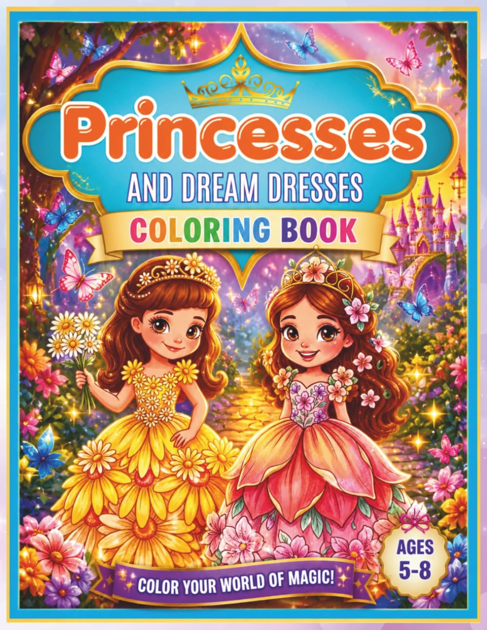 PRINCESSES AND DREAM DRESSES COLORING BOOK AGES 5-8 COLOR YOUR WORLD OF MAGIC!: Floral Gowns and Magical Fairy Tale Princesses, Cute and Easy Coloring Pages for Girls, Fun Activity Gift Book