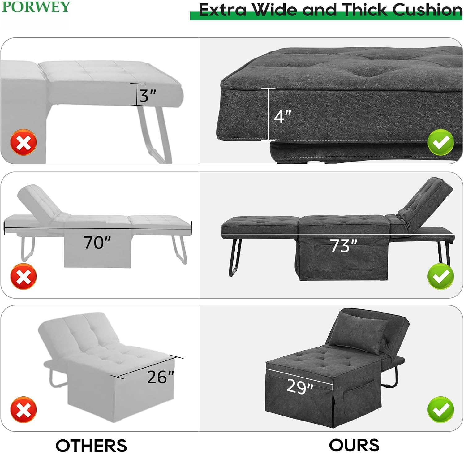 PORWEY Sleeper Chair Sofa Bed, 4-in-1 Convertible Futon Chair Multi-Function Couch Folding Ottoman with Adjustable Backrest for Living Room Apartment Office, No Assembly Required, 29” Width,Dark Gray
