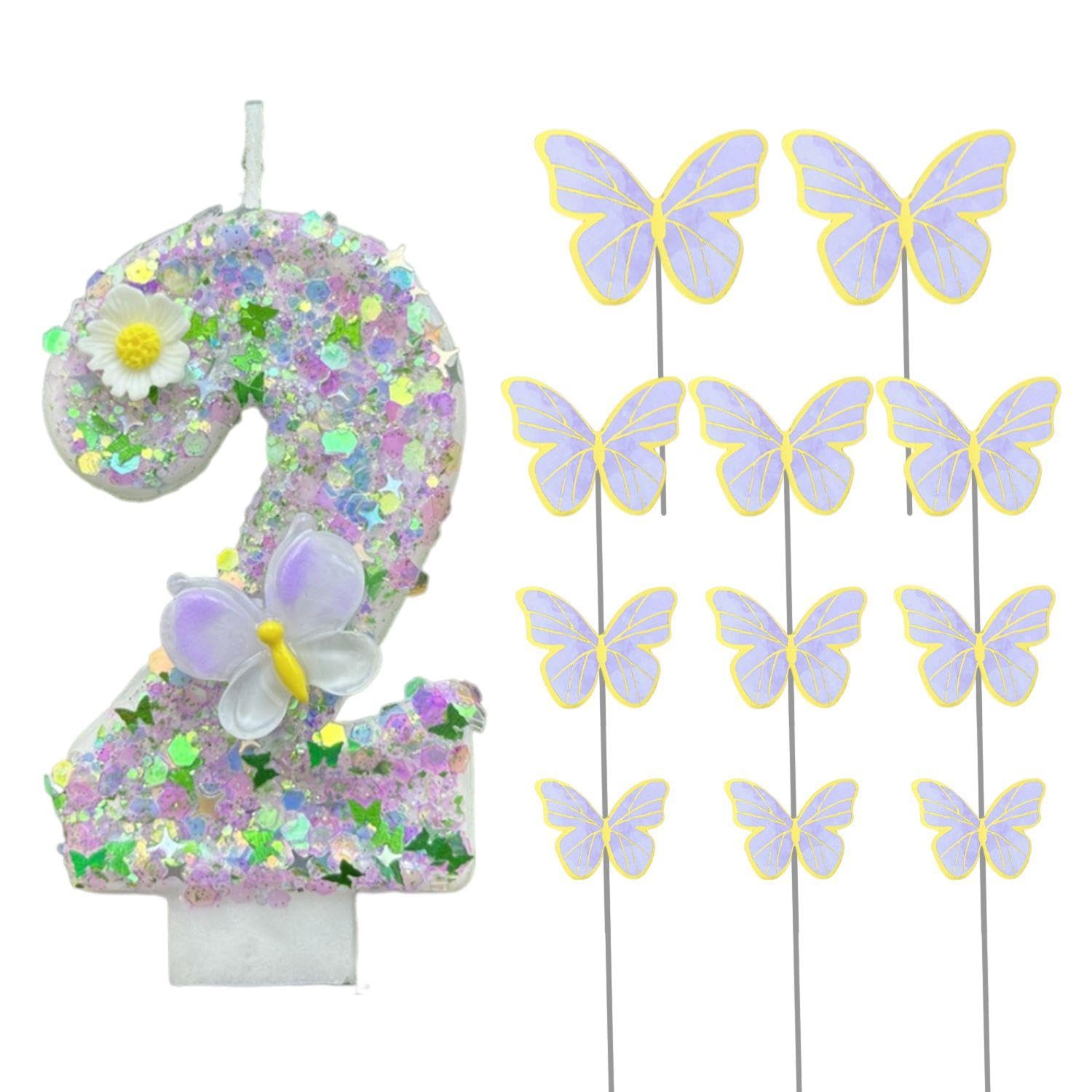 Eowvisn Girls Purple 1 Piece Butterfly Flower Candle And 11 Piece Butterfly Decoration, Number 2 Candle, Cake Decoration Insert, Cake Decoration, Baking Decoration