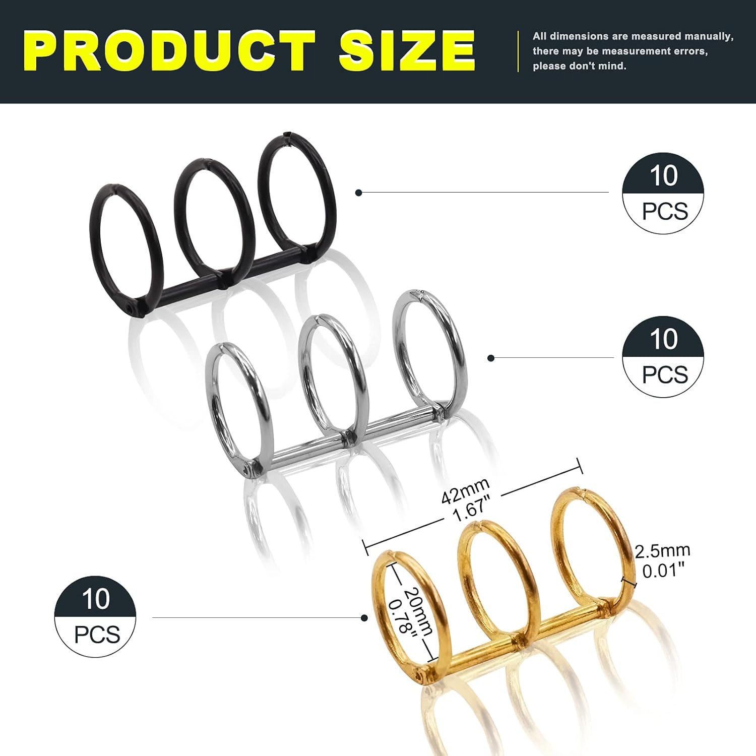 Mardatt 30Pcs 3 Ring Metal Loose Leaf Binders Book Rings Snap Split Hinged for Notebook, Diary, Photo Album, Binding Spines Combs, 20mm (Gold, Silver, Black) : Office Products