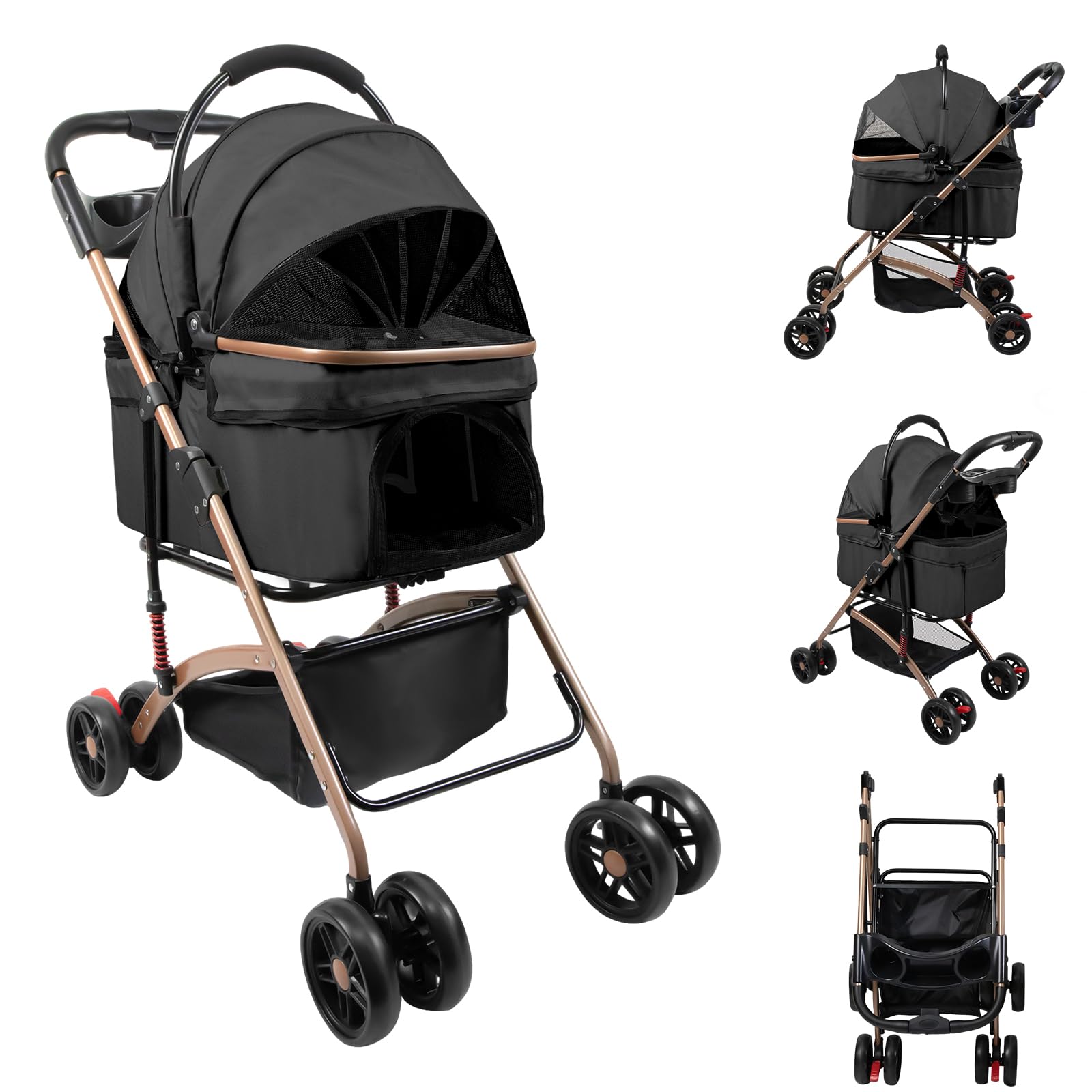 Hundewagen 3 in 1 Faltbarer Hundebuggy, Hundewagen, Kinderwagen für kleine Hunde, Katzen, Abnehmbarer Korb, Tragbarer Kinderwagen, Netzfenster, Oxfordstoff, Bis 20kg (Schwarz)