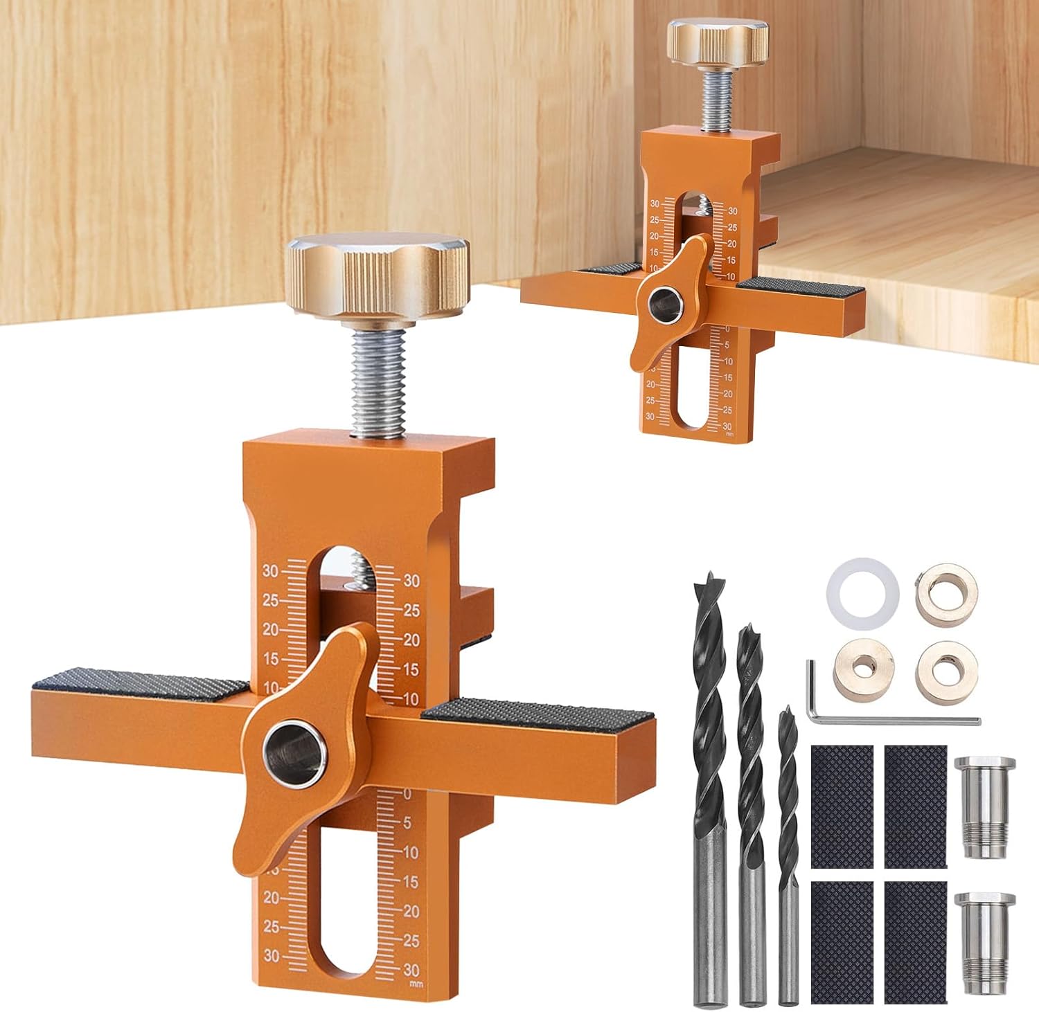 3-in-1 Cabinet Door Mounting Jig Easily Adjustable Aluminium Alloy Versatile Cabinet Door Thickened Door Installation Locator Fixture with 6mm 8mm 10mm Auger Bits for Most Cabinet Doors