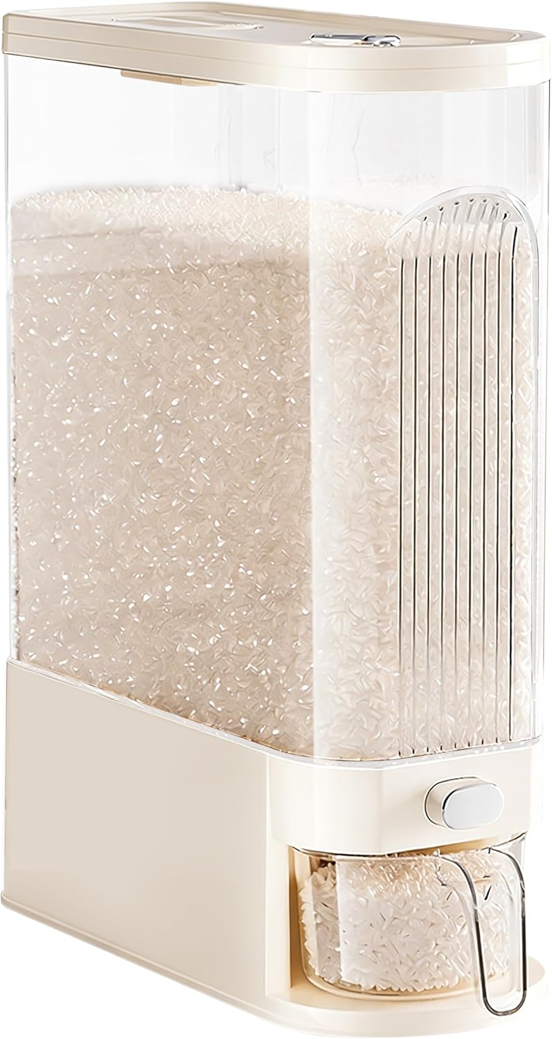 Slim Rice Dispenser with Manual Time Record, 22 Lbs Large Grain Storage Container for Kitchen Gap, 4.72" Wide Narrow Rice Bin with Measuring Cup, Beige