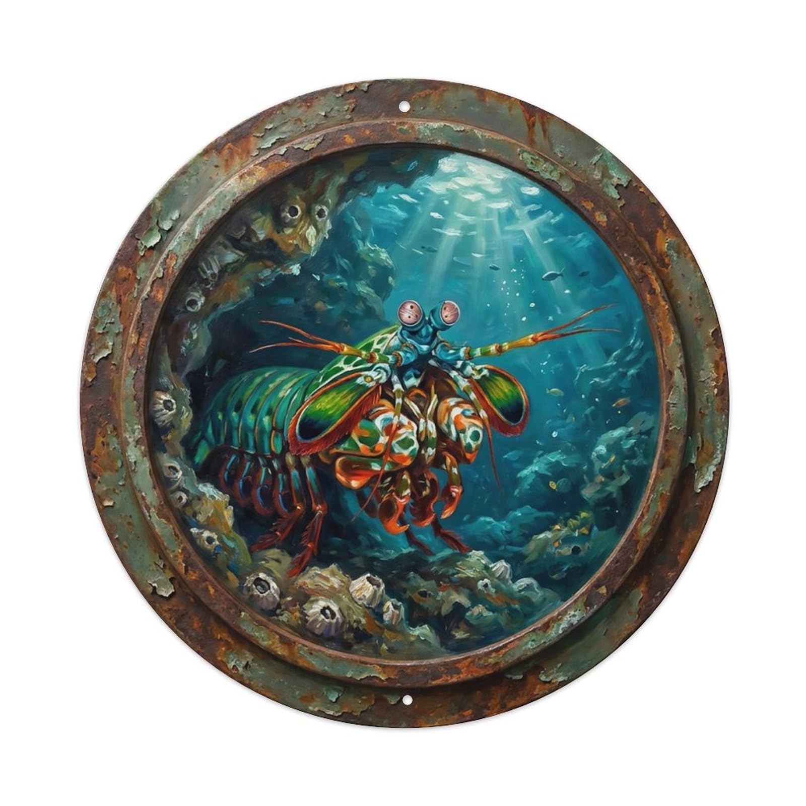 Vintage Porthole Mantis Shrimp Ship Window Undersea Deep Sea Metal Tin Sign