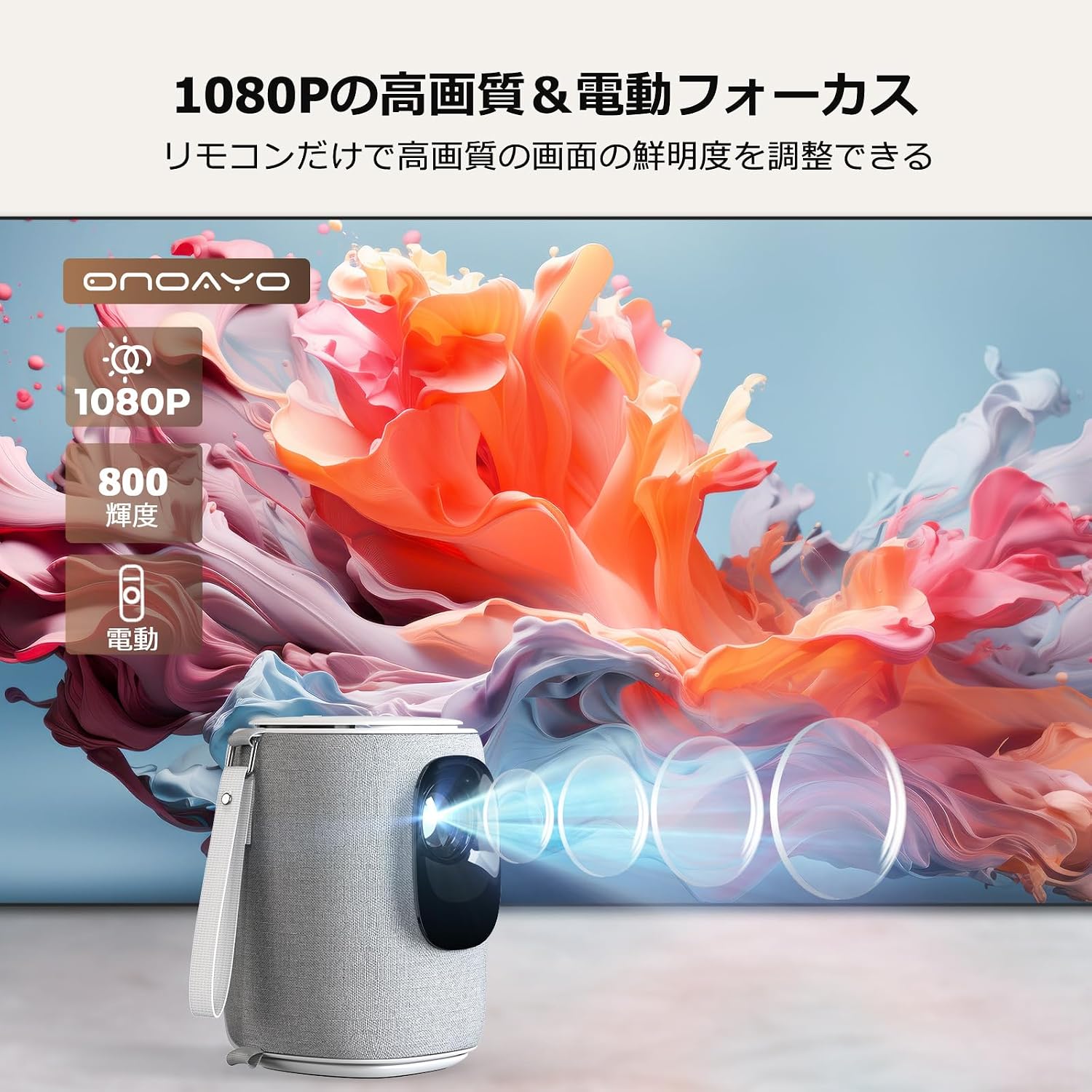Projector lens with light rays, indicating electric focus feature.